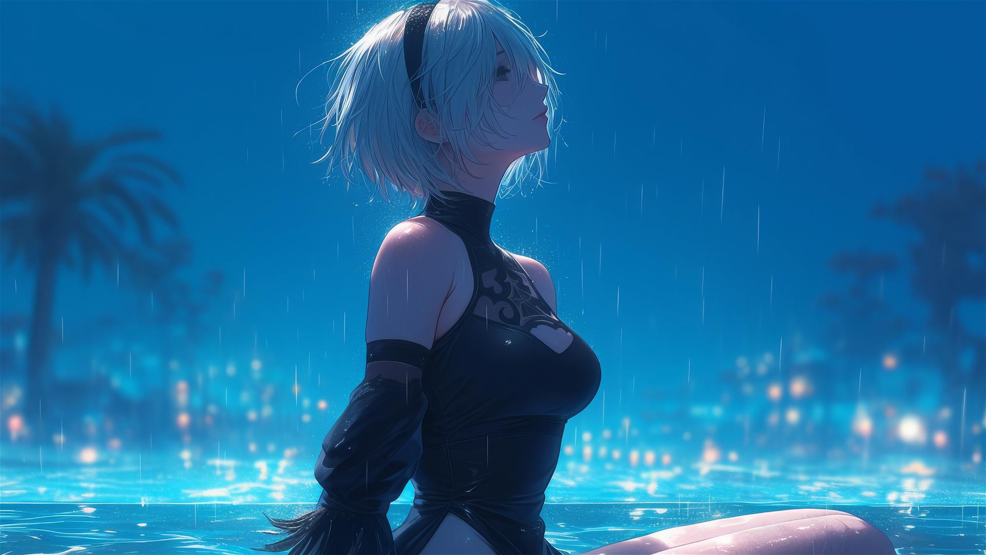 2B from Nier in casual attire, sitting relaxed by a rainy pool with moonlight glow