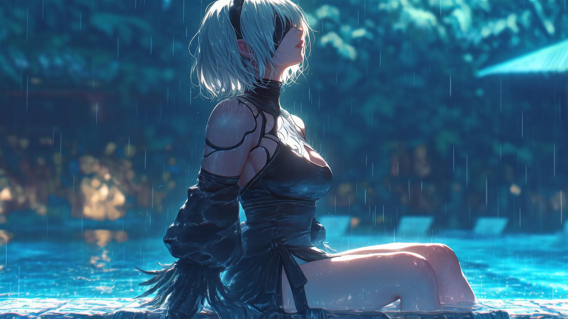 2B from Nier in casual attire sitting relaxed at a rainy pool with moonlight glow