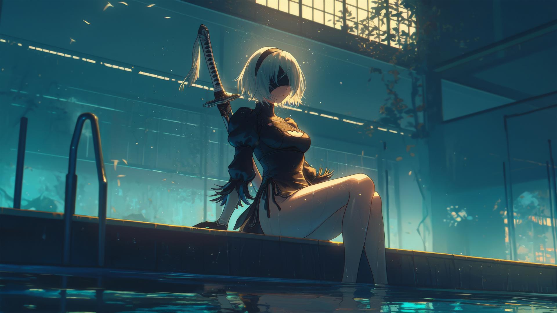 2B from Nier resting by a rainy swimming pool with moonlight glow.