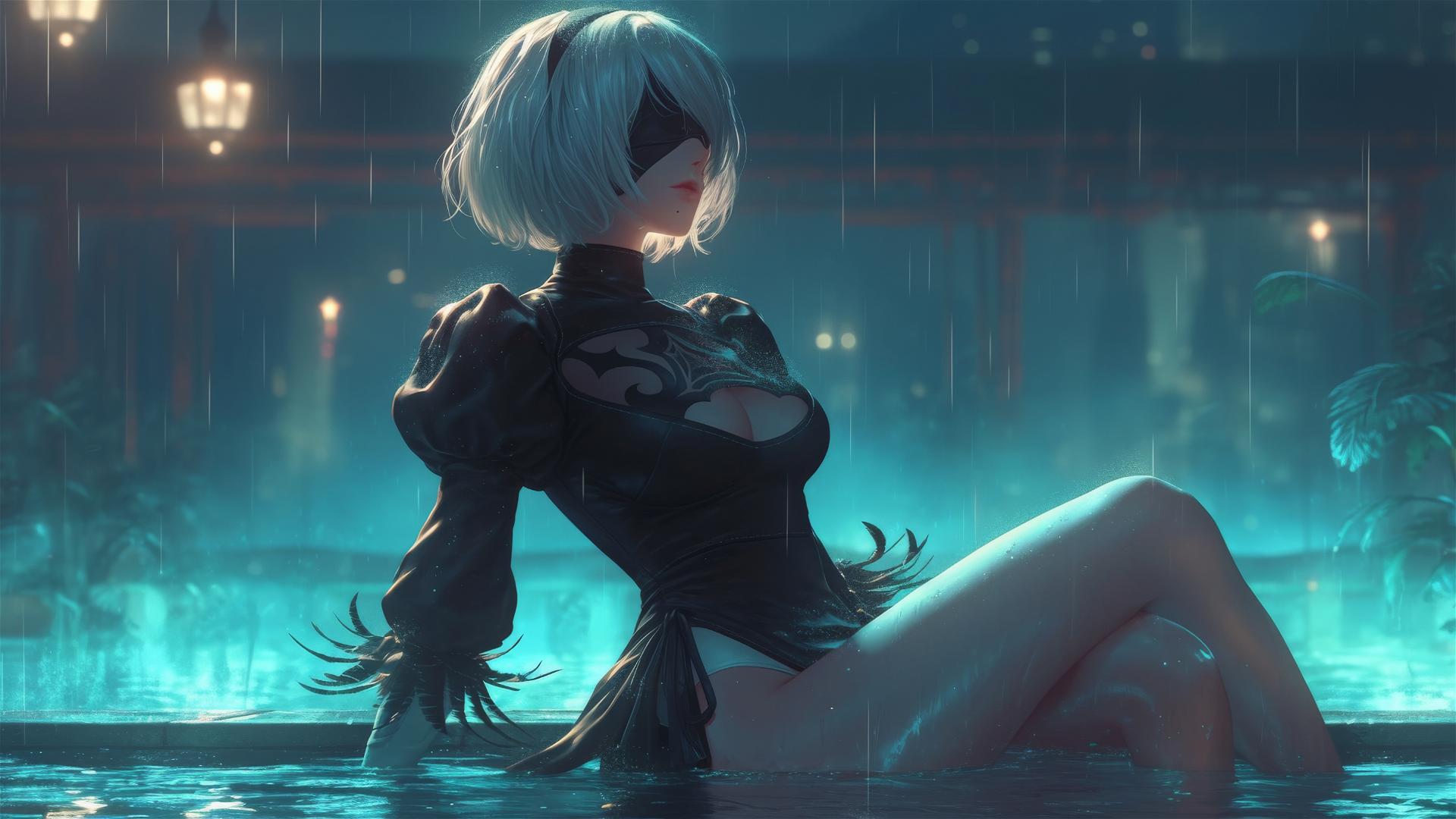 2B from Nier rests by a rainy swimming pool under moonlight