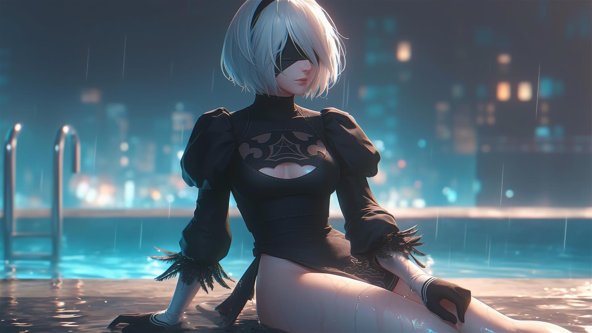 2B from Nier sits leisurely at a rainy pool under moonlight