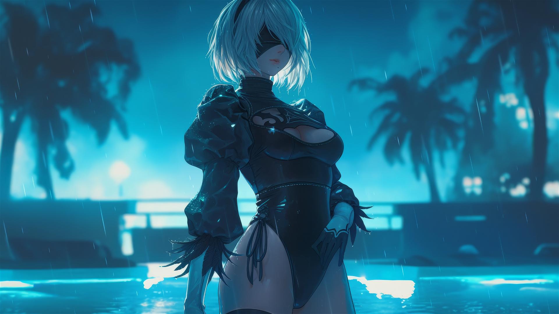 2B from Nier standing at a rainy swimming pool under moonlight