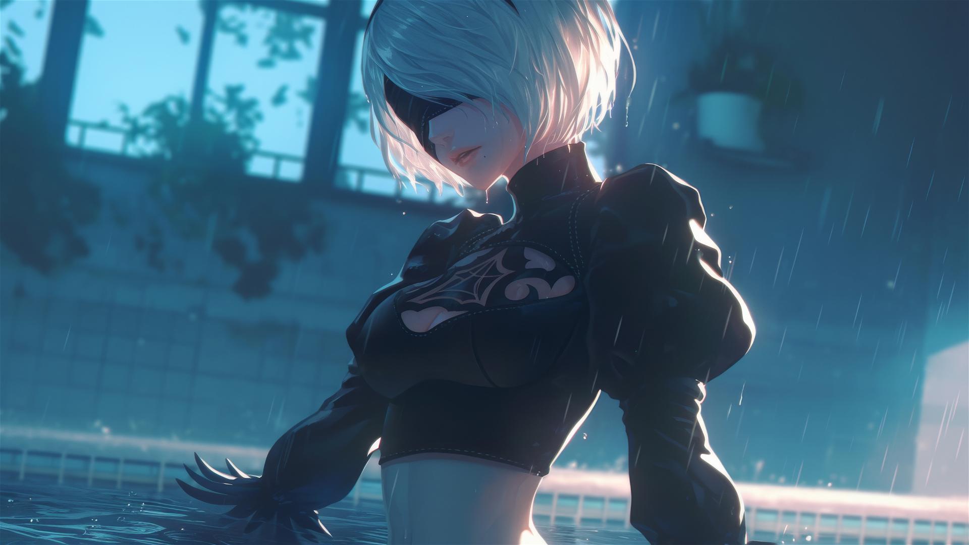 2B from Nier stands at a rainy swimming pool under moonlight.