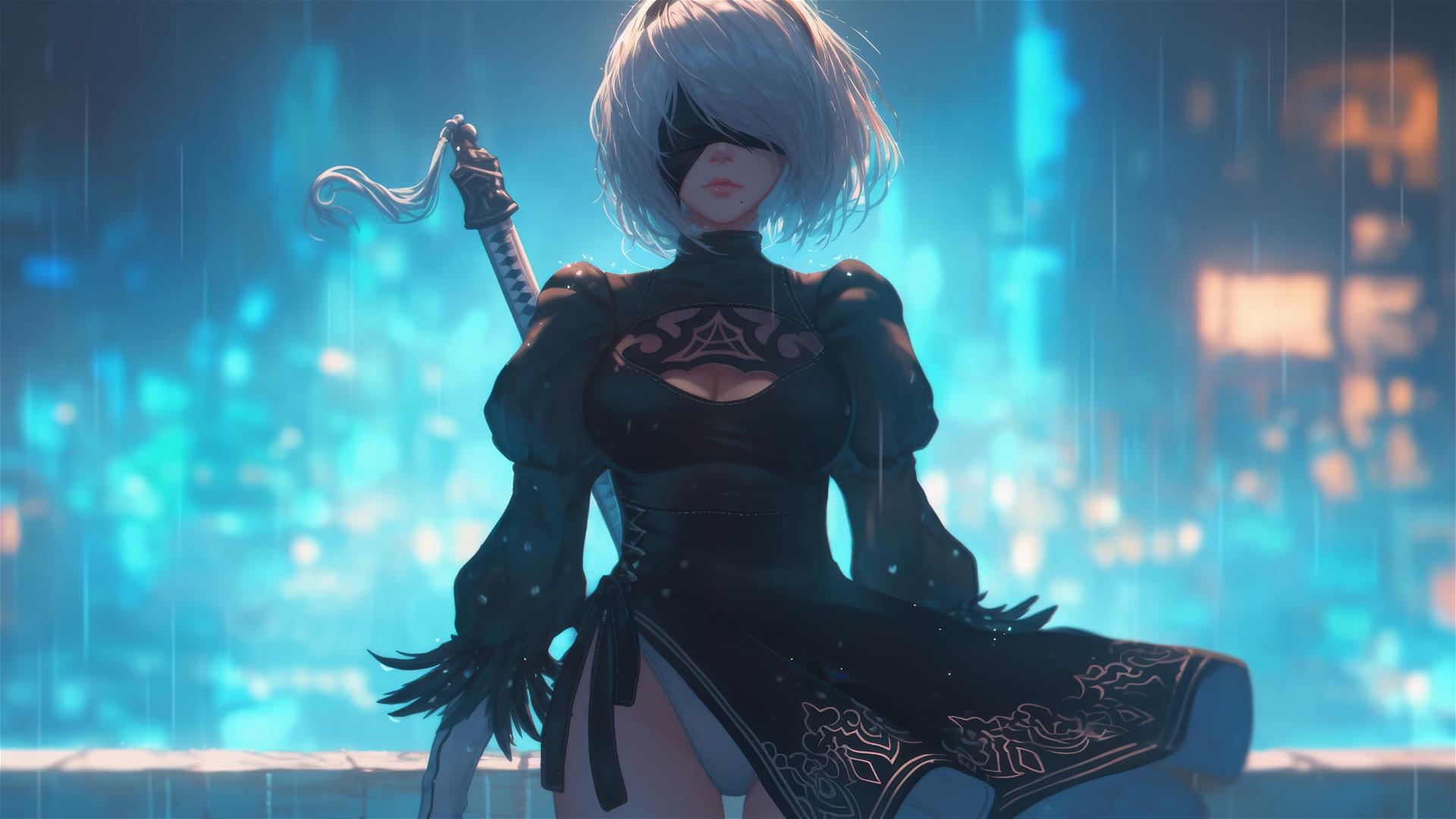 2B from Nier standing by rainy pool under moon light