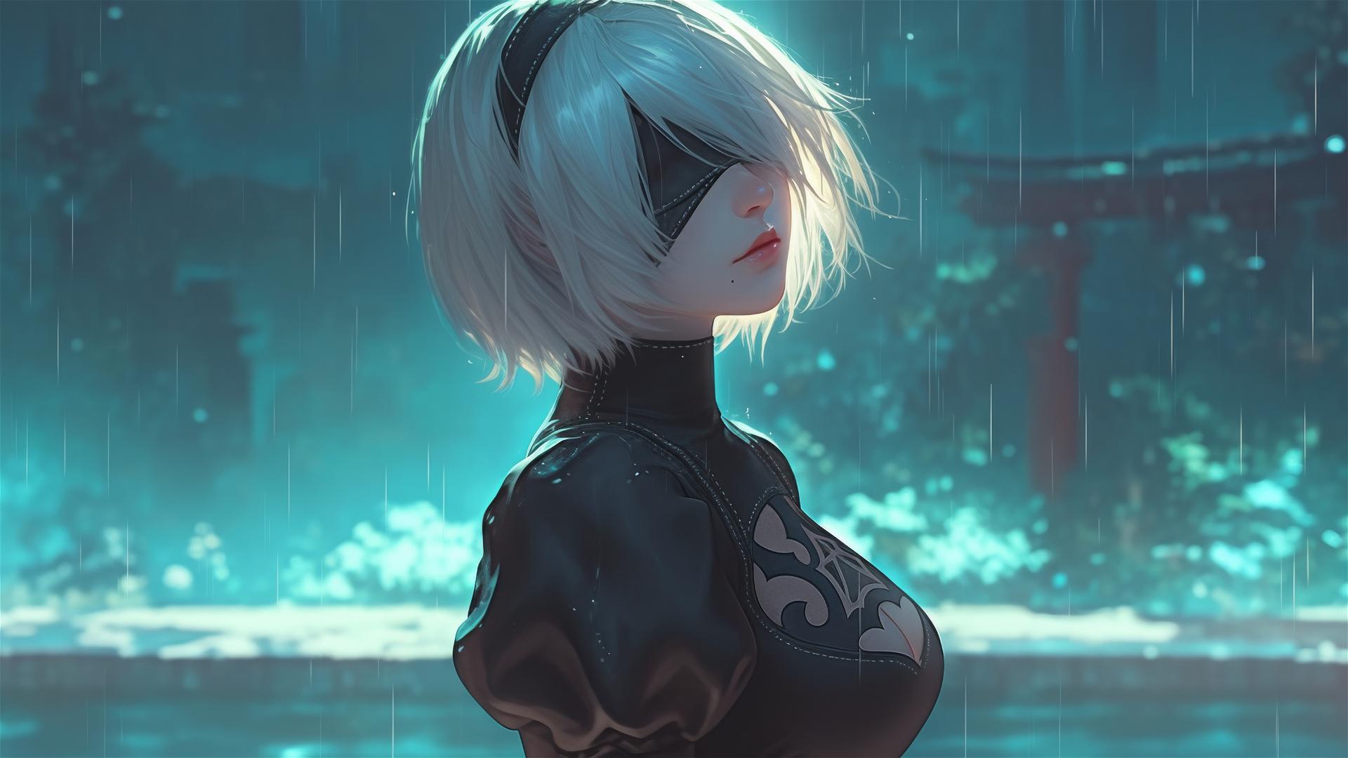 2B from Nier at a rainy pool, moonlight casting a soft glow