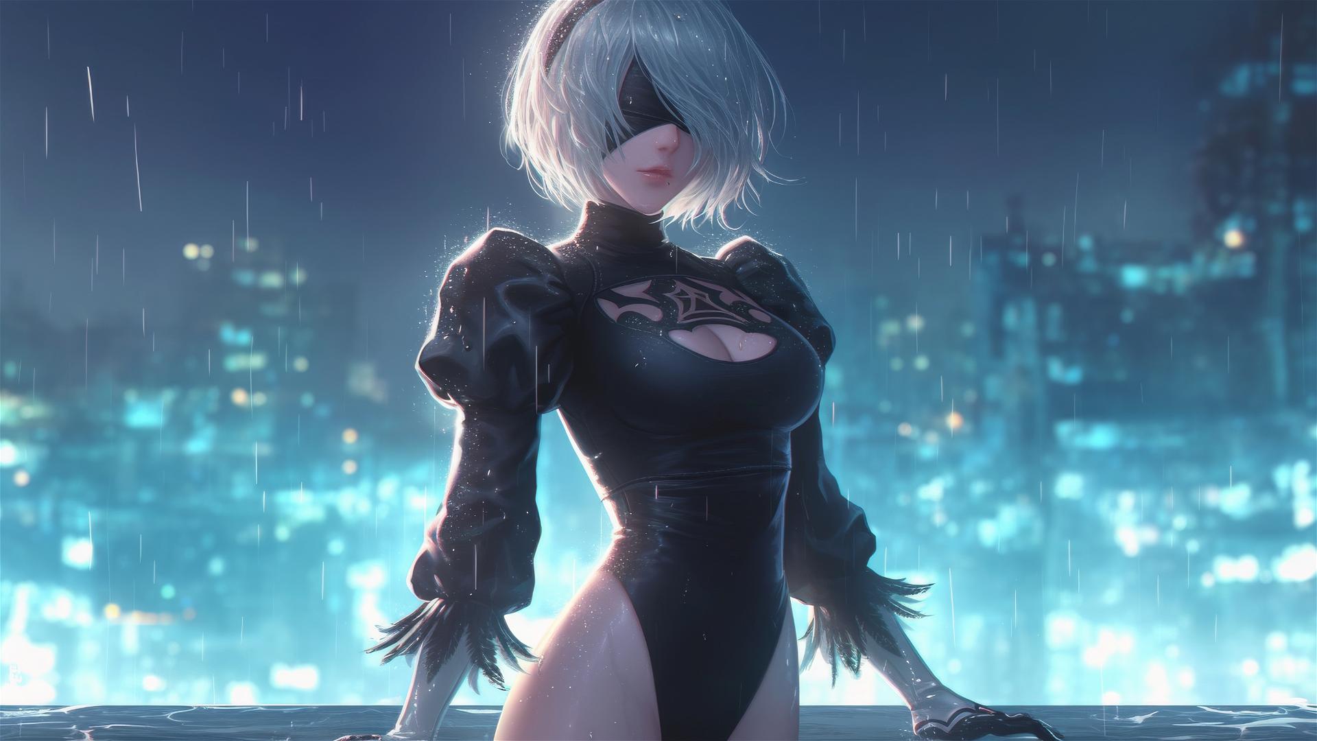 2B from Nier stands leisurely at a rainy swimming pool with moonlight glow.