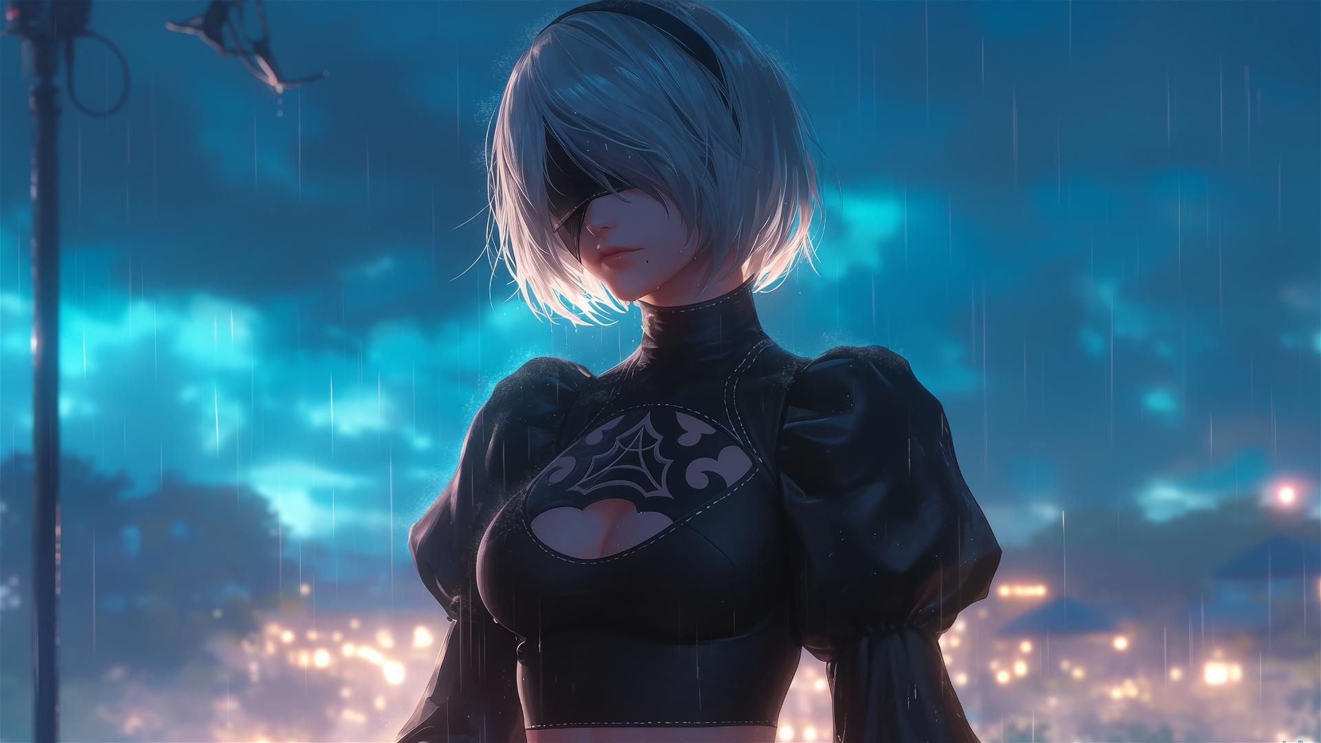 2B from Nier standing by a rainy swimming pool under moonlight.