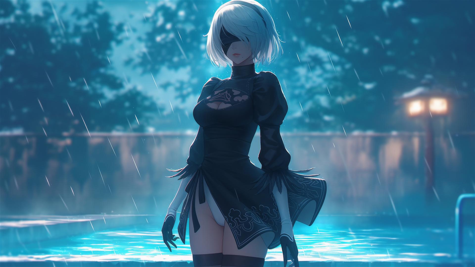 2B from Nier standing by a rainy swimming pool with moonlight glow and short hair.