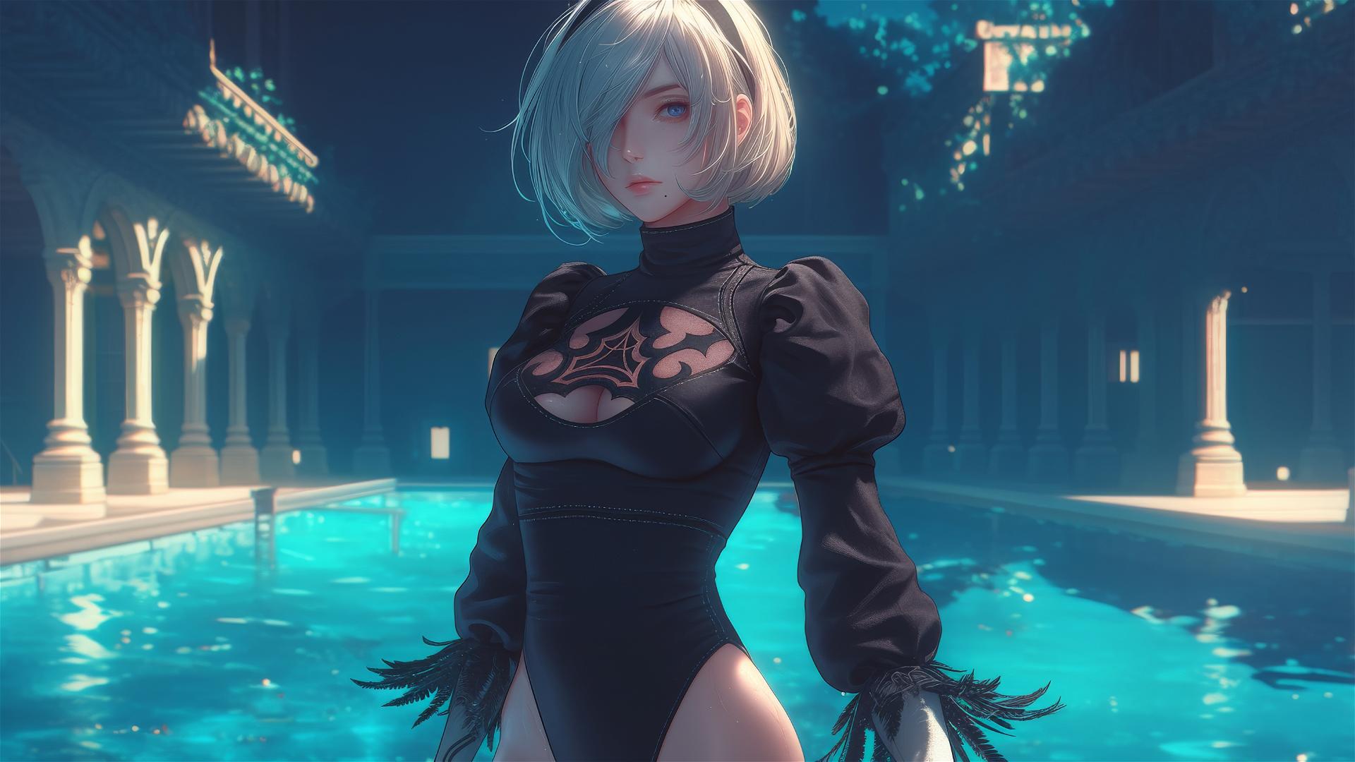 2B from Nier at a rainy pool with moonlight on her figure