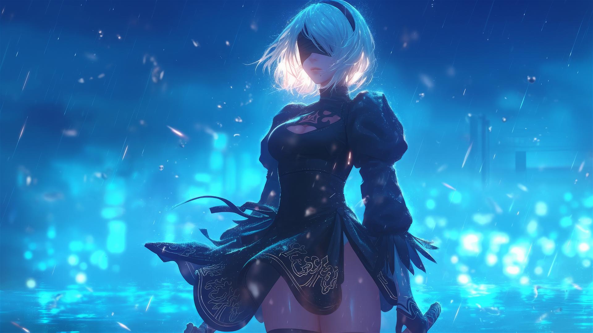 2B from Nier standing by a rainy pool under moonlit glow, short hair