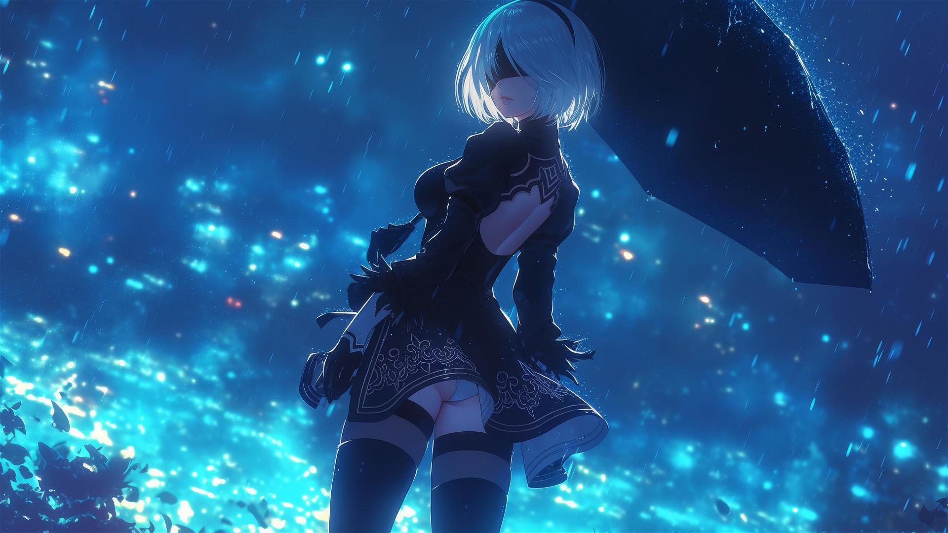 2B from Nier standing by a rainy swimming pool under moonlight