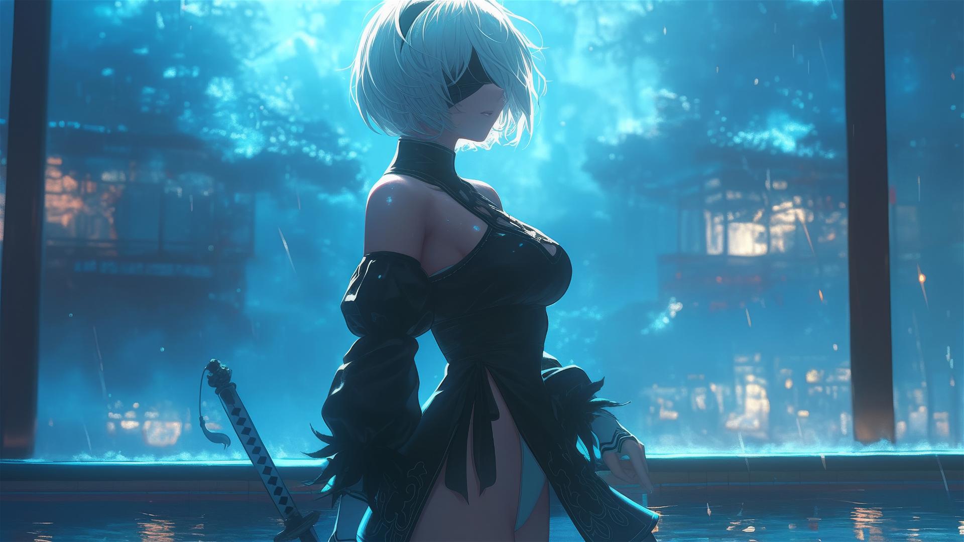 2B from Nier standing by a rainy swimming pool illuminated by moonlight