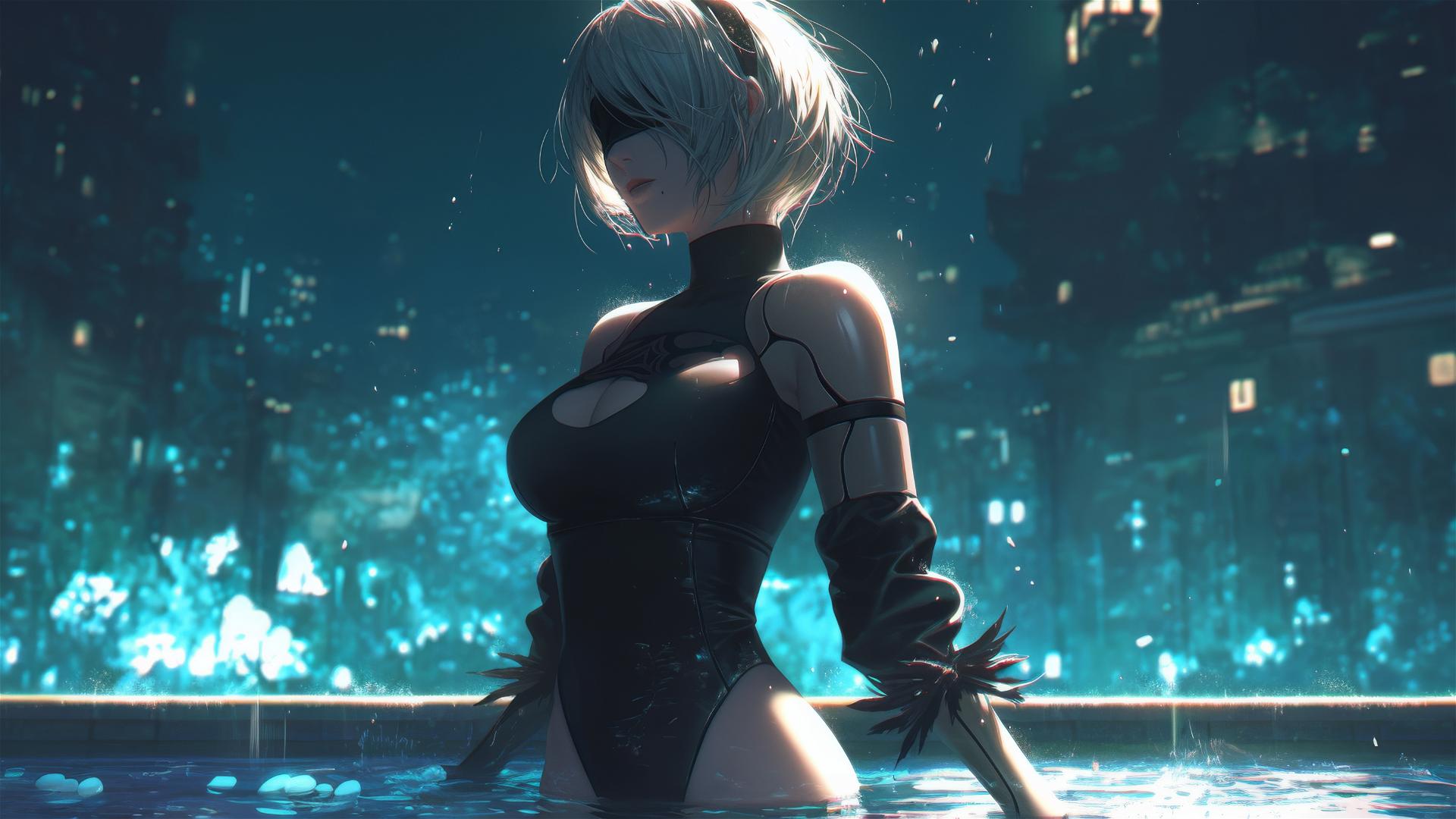 2B from Nier stands by a rainy swimming pool at night, illuminated by moonlight, with short hair.