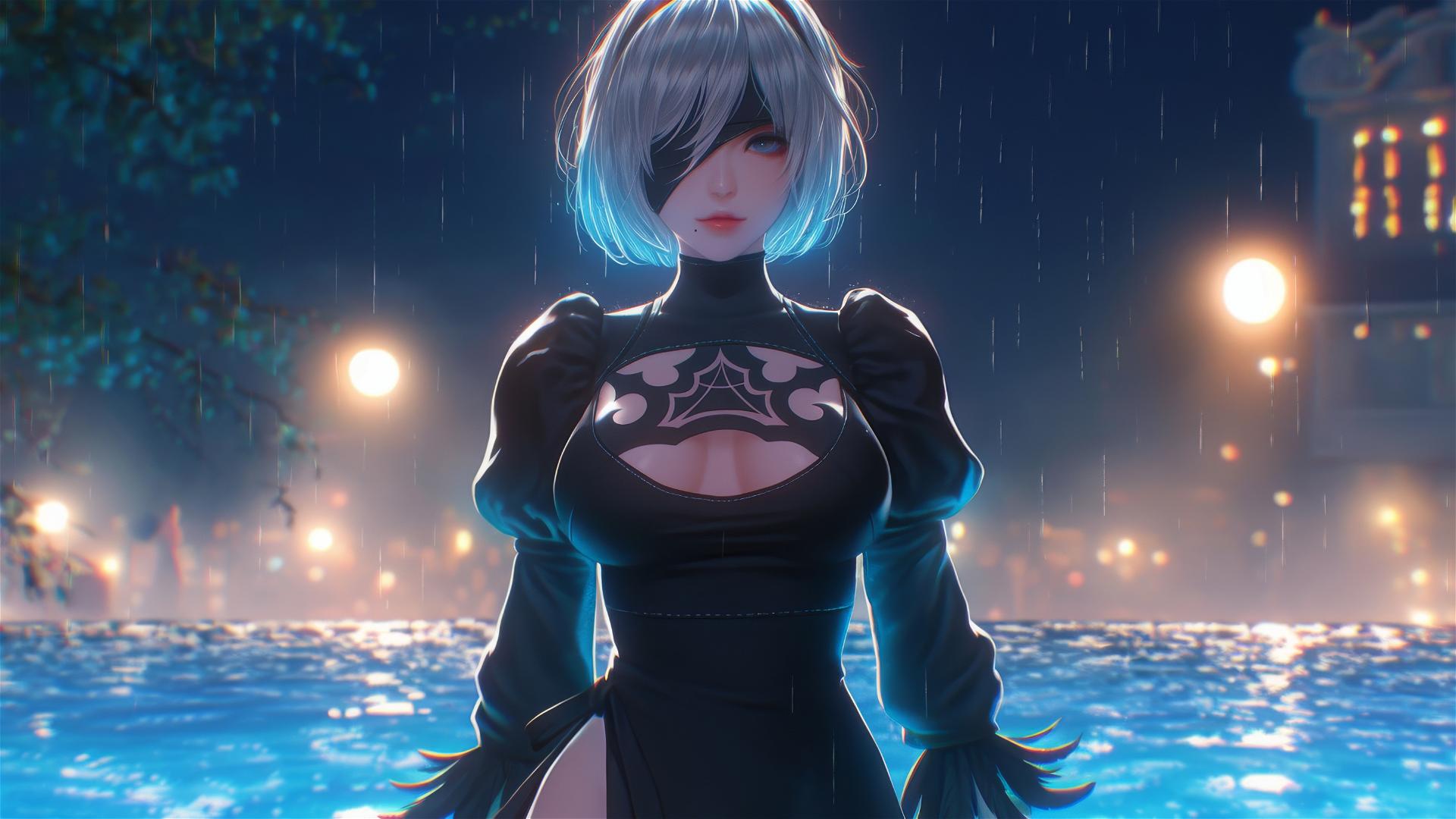 2B from Nier stands by a rainy pool under moonlight