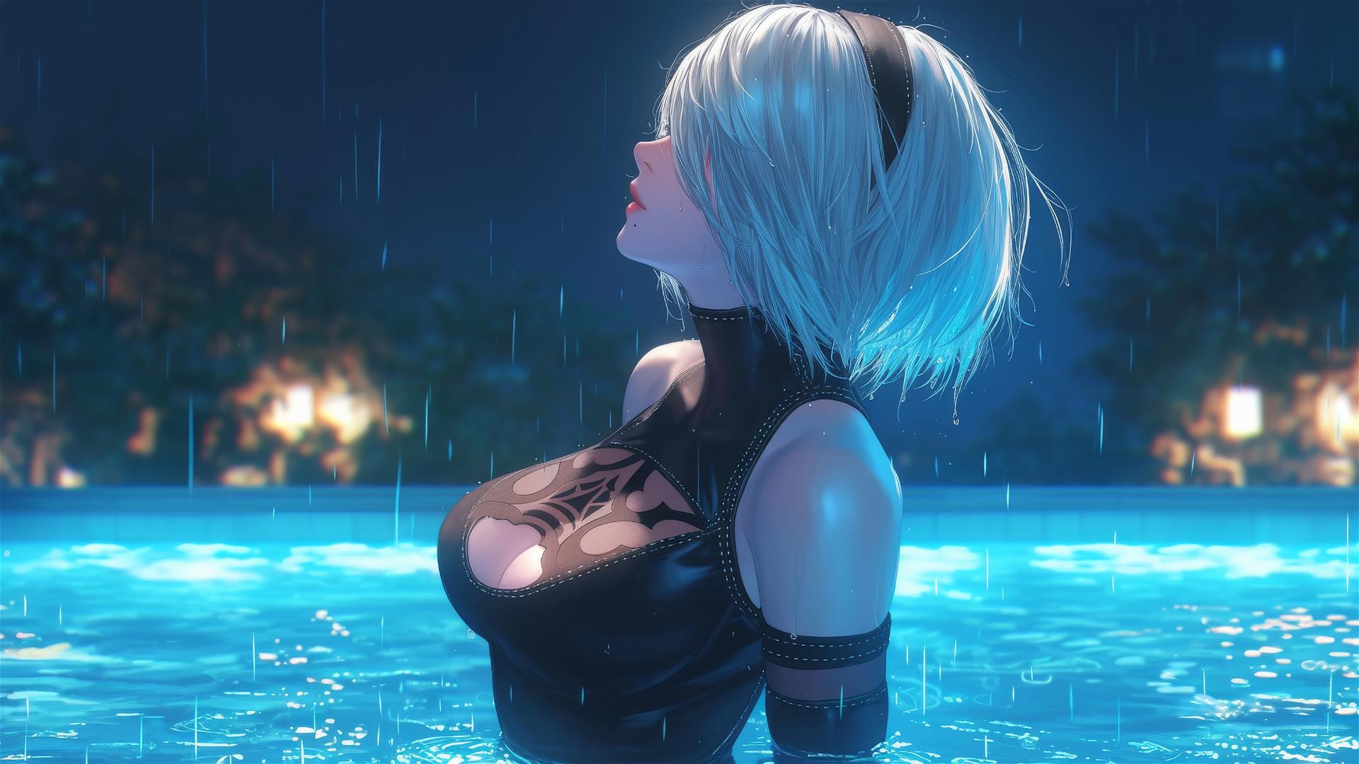 2B from Nier standing leisurely at a rainy swimming pool with moonlight glow, short hair