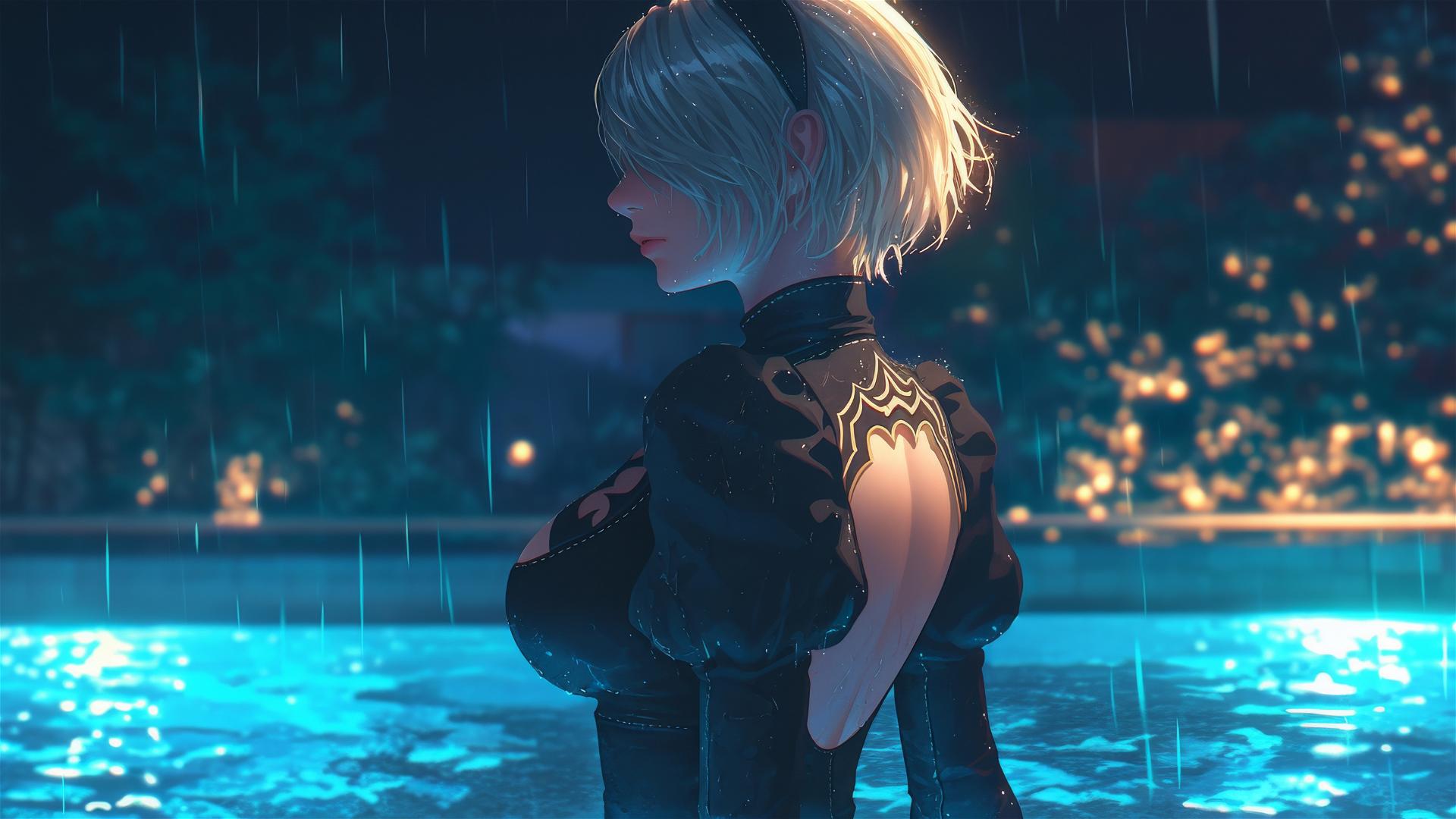 2B from Nier standing at a rainy swimming pool with moonlight glow