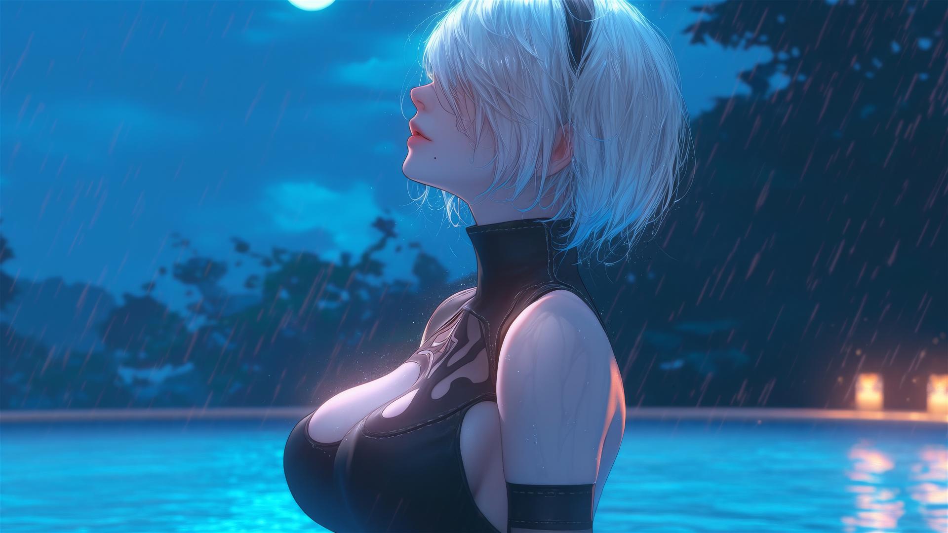 2B from Nier at a rainy pool under moonlight, with short hair