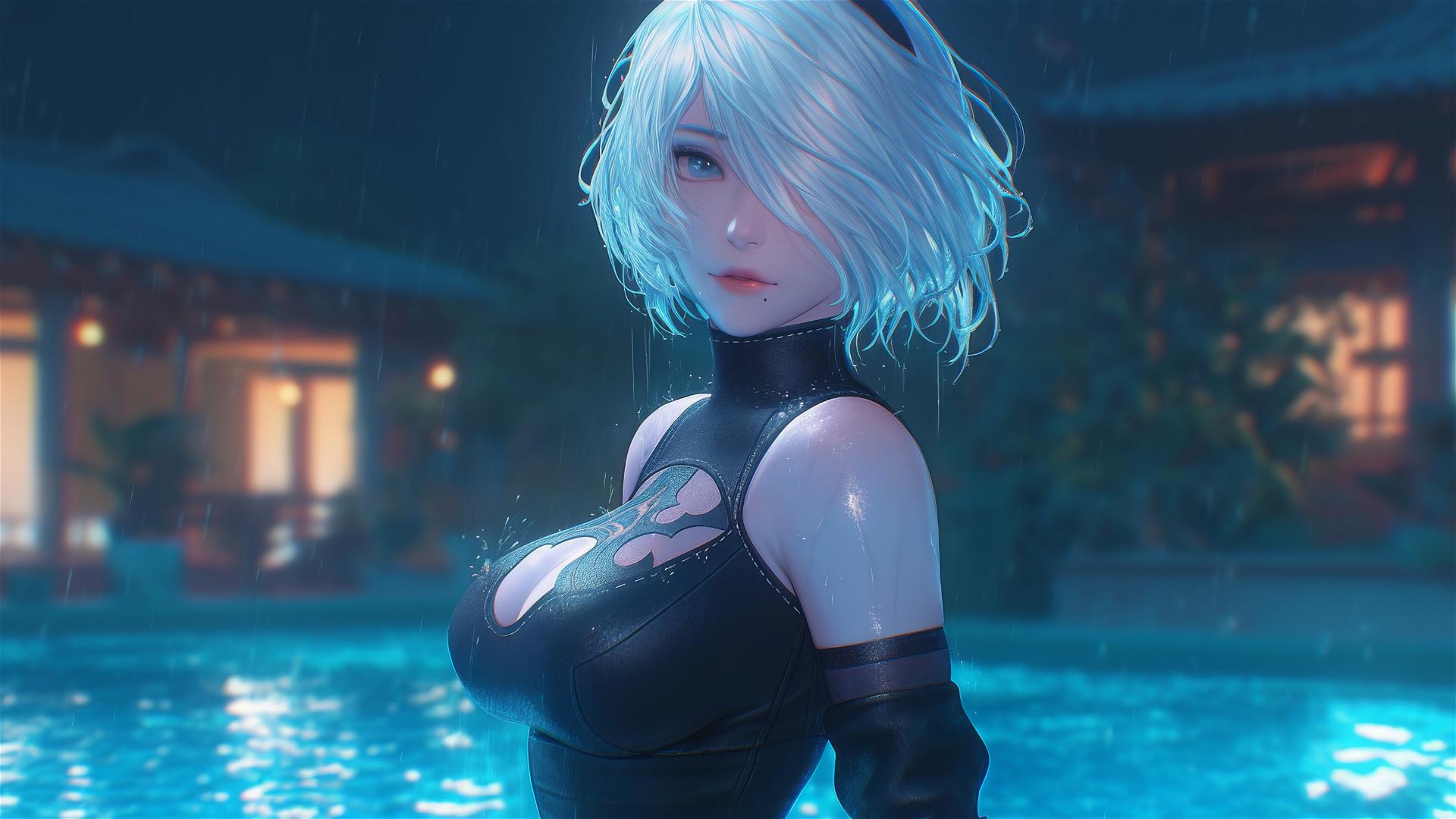 2B from Nier stands at a rainy swimming pool under soft moonlight, short hair.