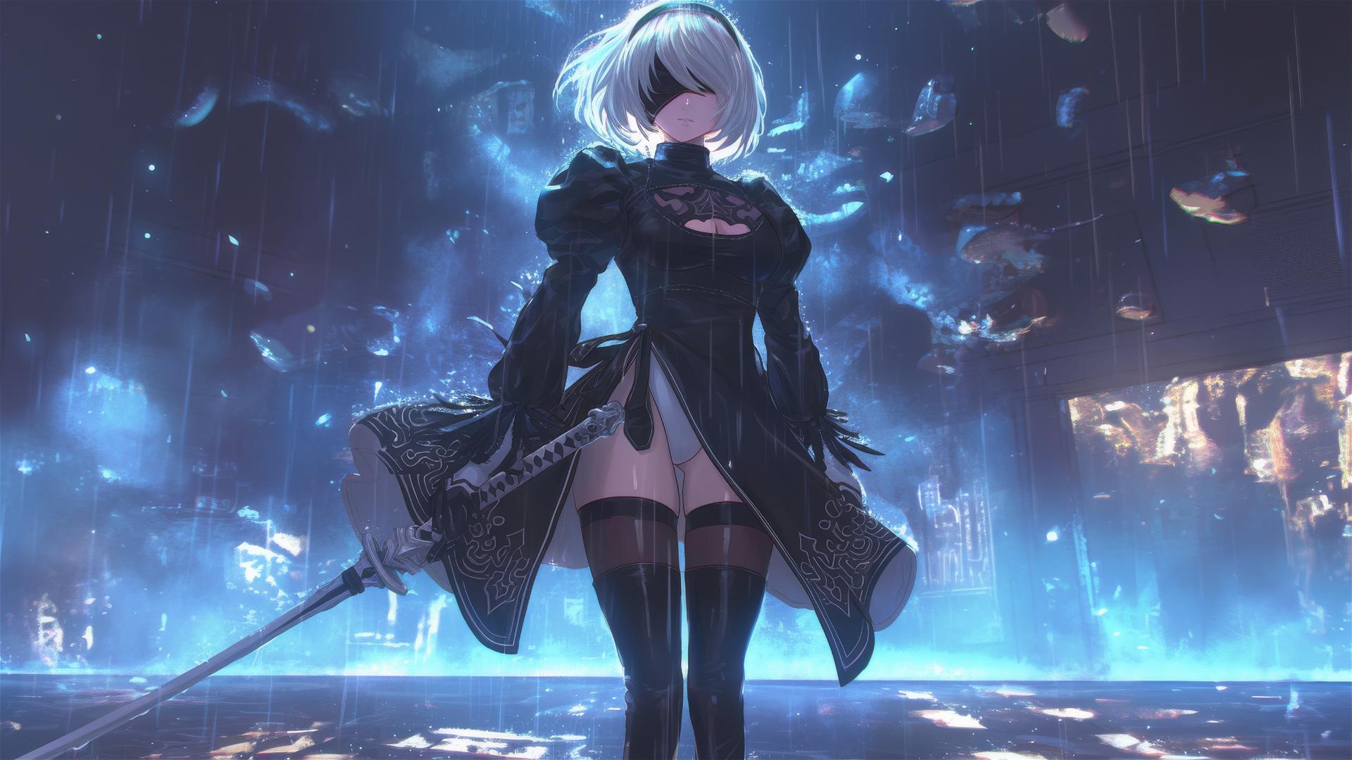 2B from Nier stands by a rainy pool under moonlight