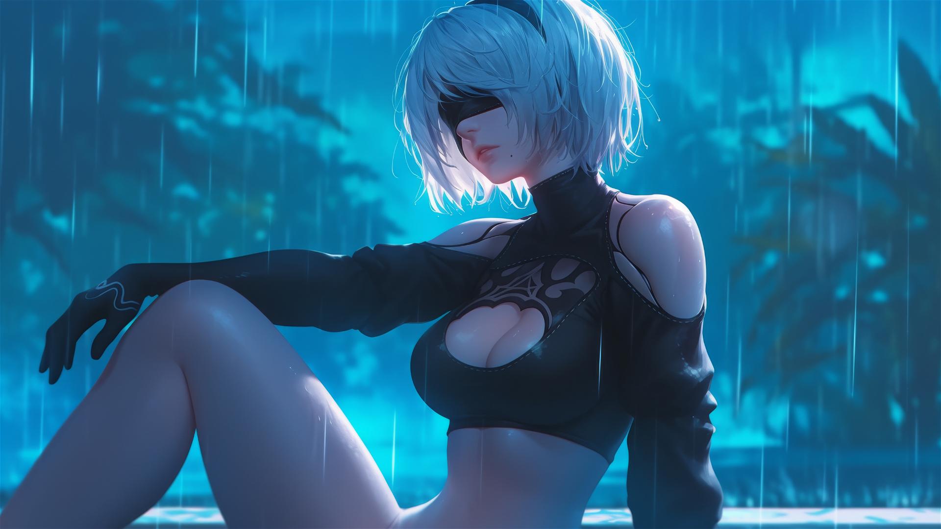 2B from Nier relaxing by a rainy pool with moonlight glow