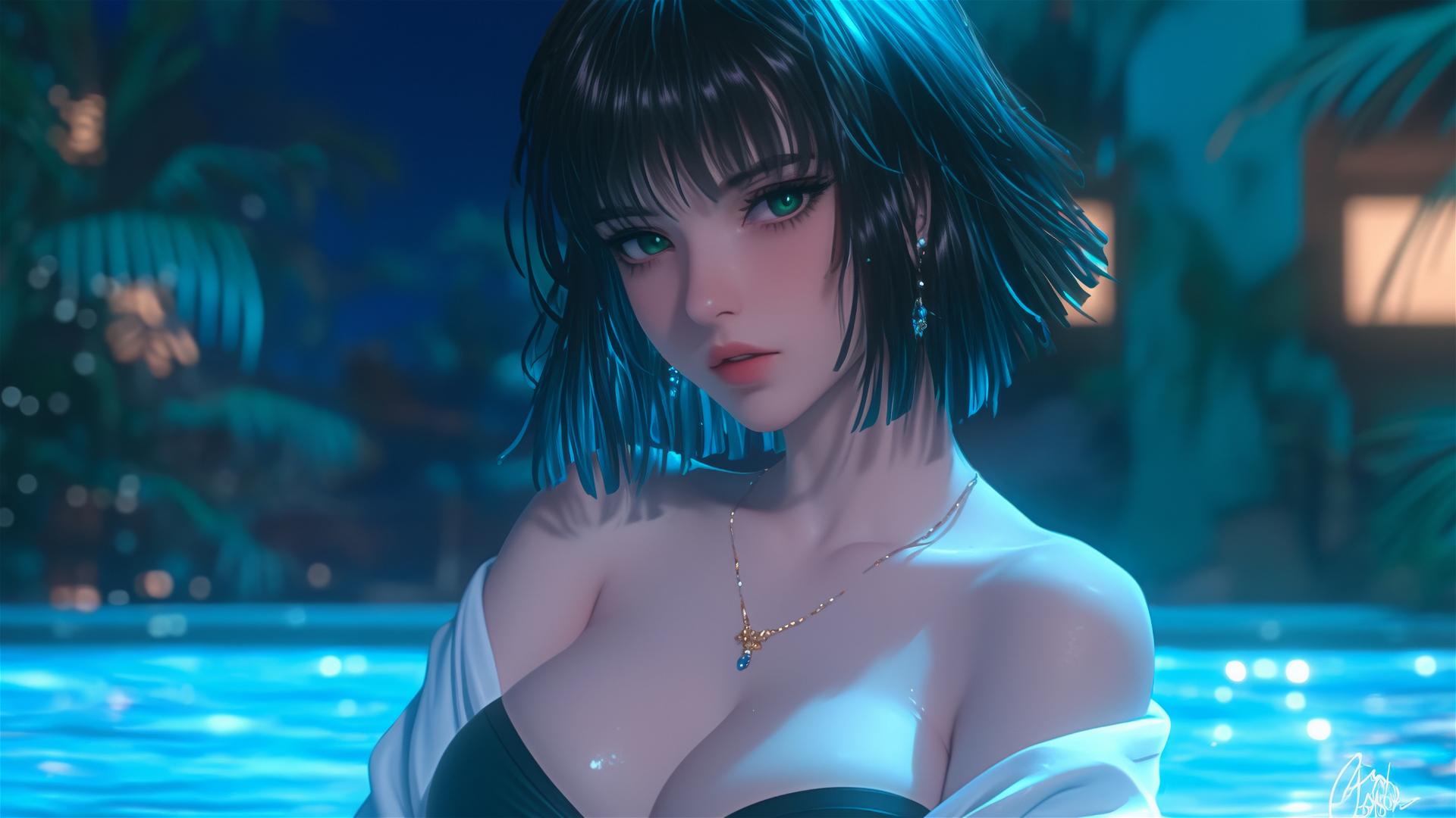 Fubuki from One Punch Man resting in a tub with moonlight glow