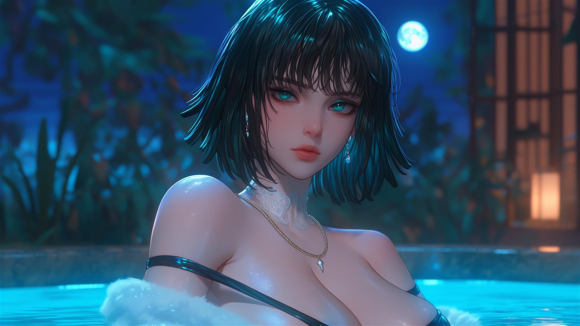Fubuki from One Punch Man resting in a tub under moonlight, with dark green bobbed hair and light green eyes.