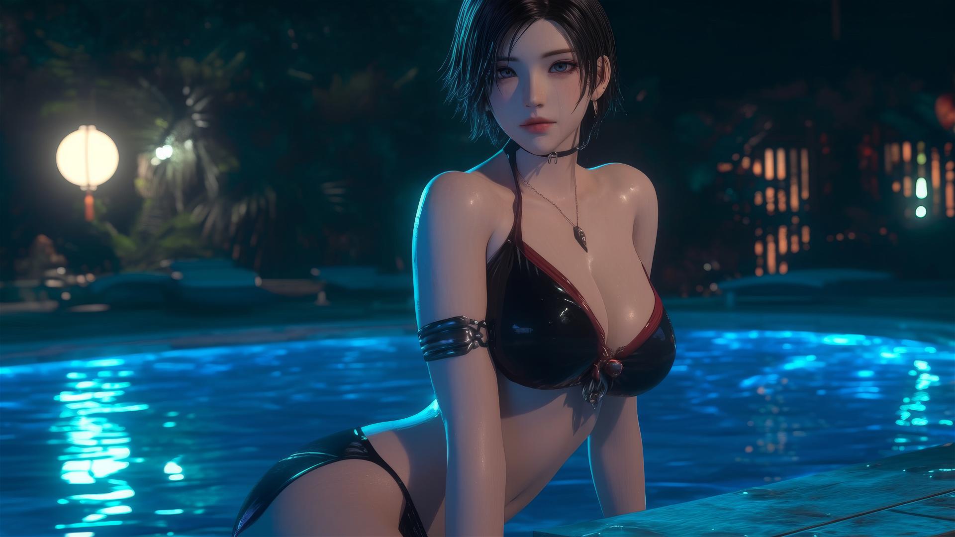 Ada Wong from Resident Evil rests at a rainy swimming pool in moonlight.