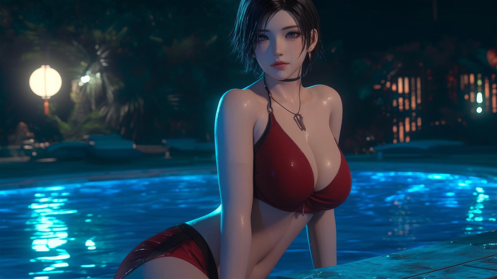 Ada Wong from Resident Evil resting by a rainy pool under moonlight.