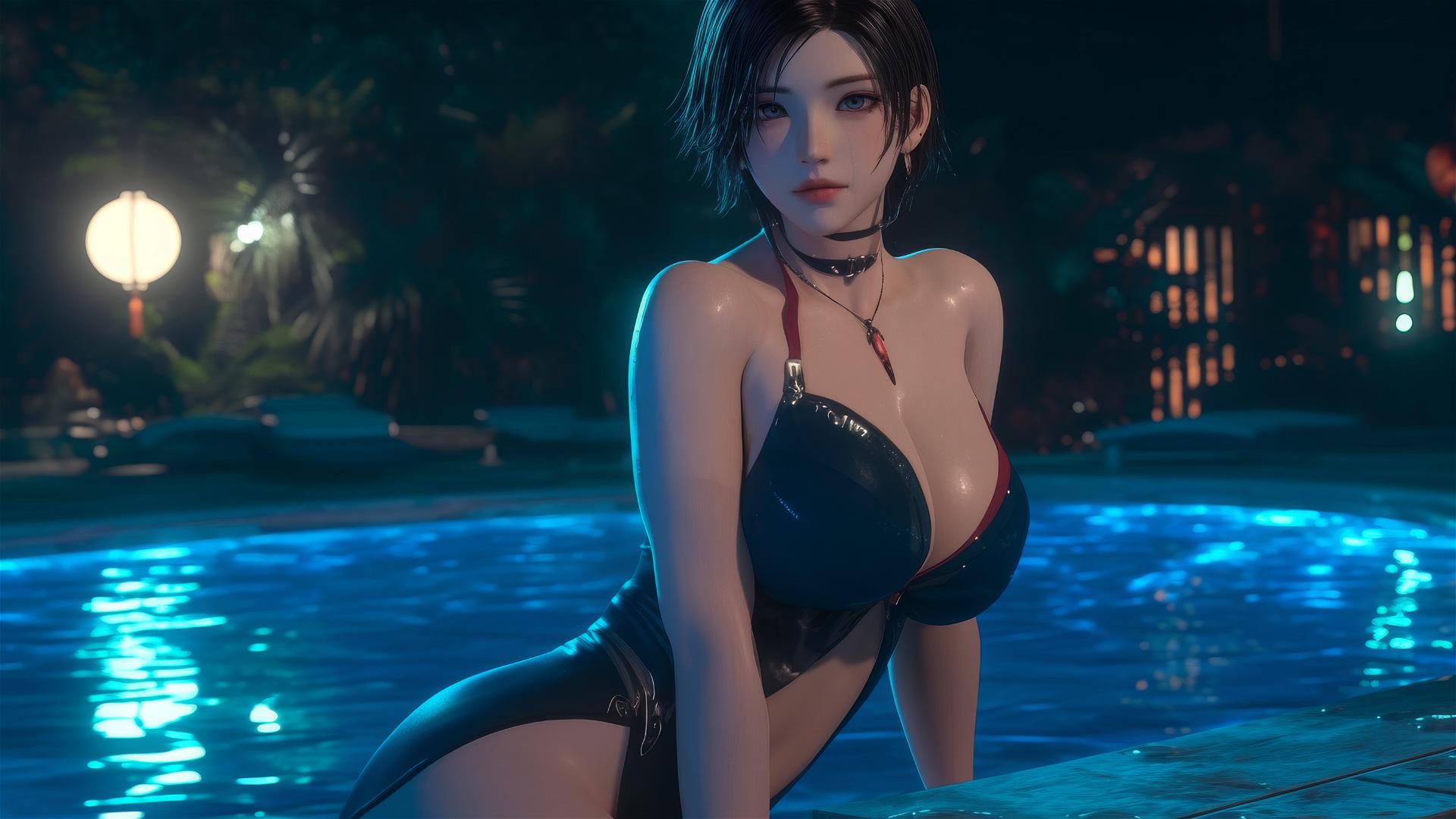 Ada Wong from Resident Evil resting at a rainy swimming pool, moonlight glowing.