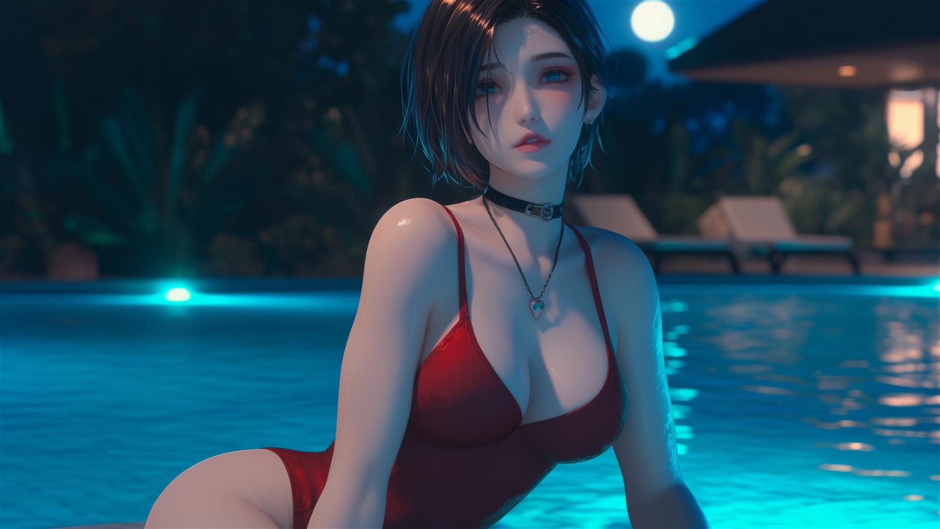 Ada Wong resting by a rainy pool under moonlight