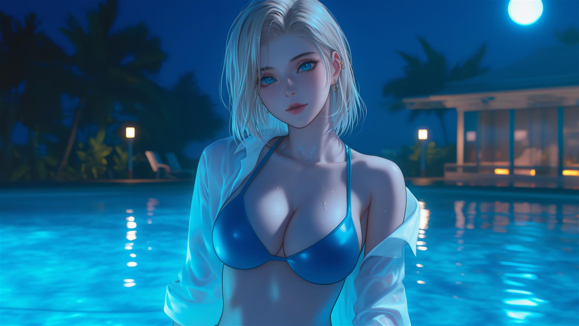 Android 18 resting by a pool under moonlight and rain