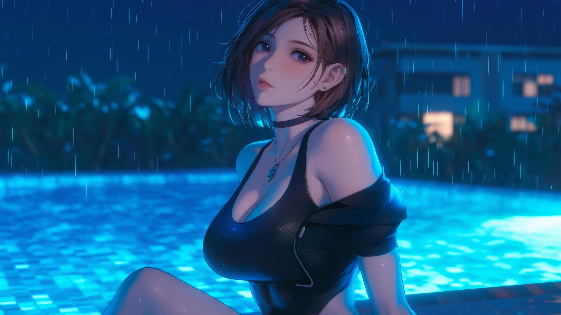 Nobara Kugisaki from Jujutsu Kaisen resting by a rainy swimming pool in moonlight