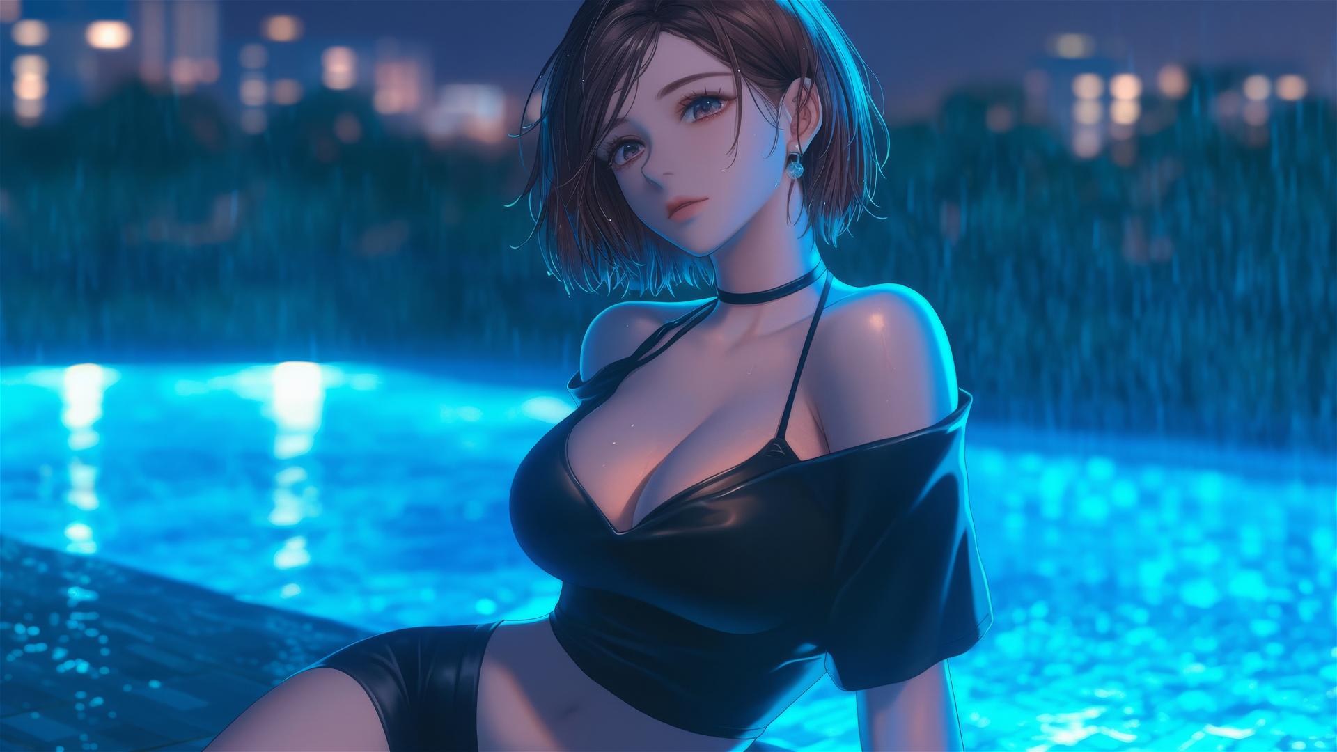 Nobara Kugisaki by poolside with moonlight reflection