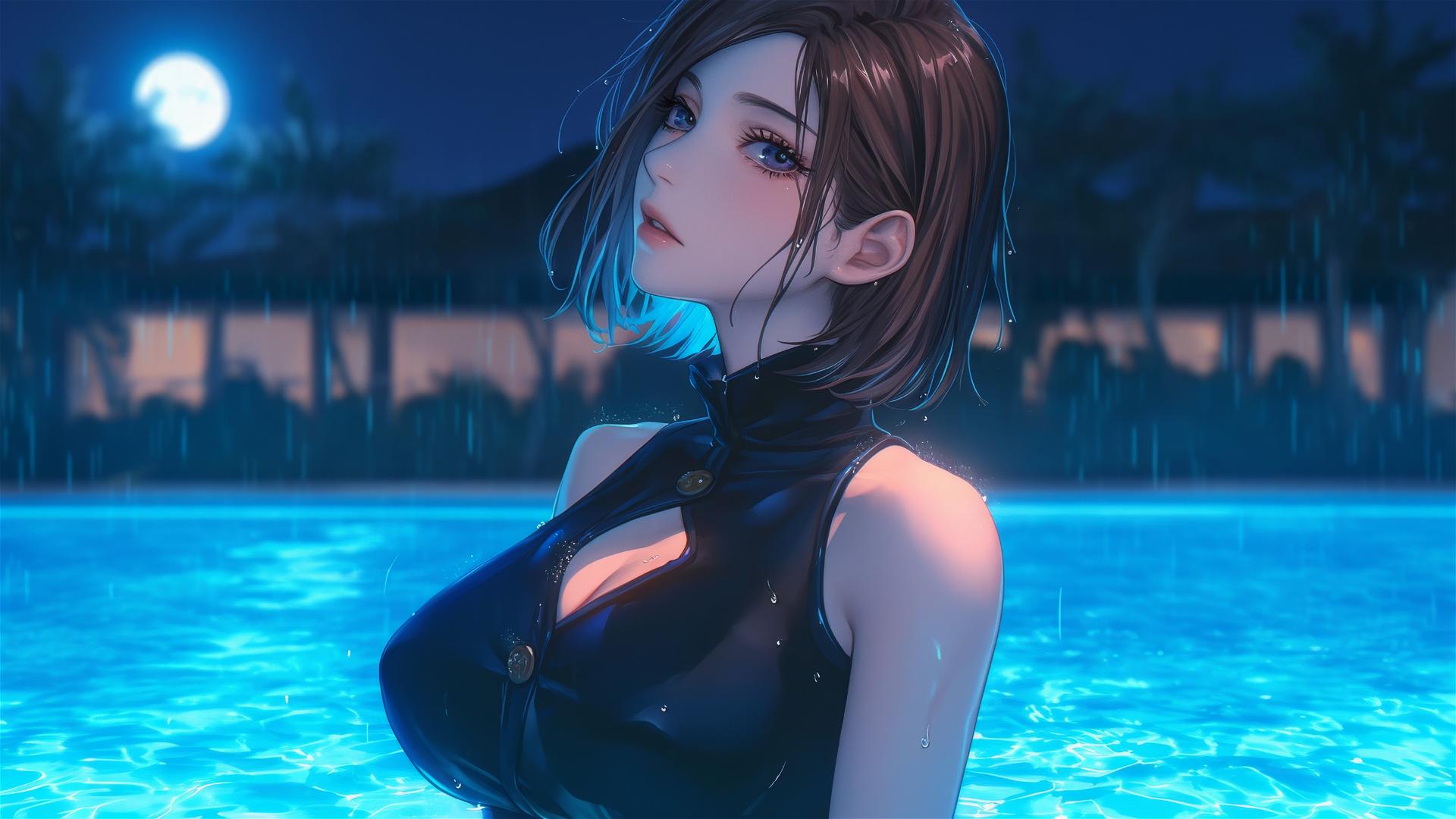 Nobara Kugisaki from Jujutsu Kaisen resting by a rainy swimming pool under moonlight.