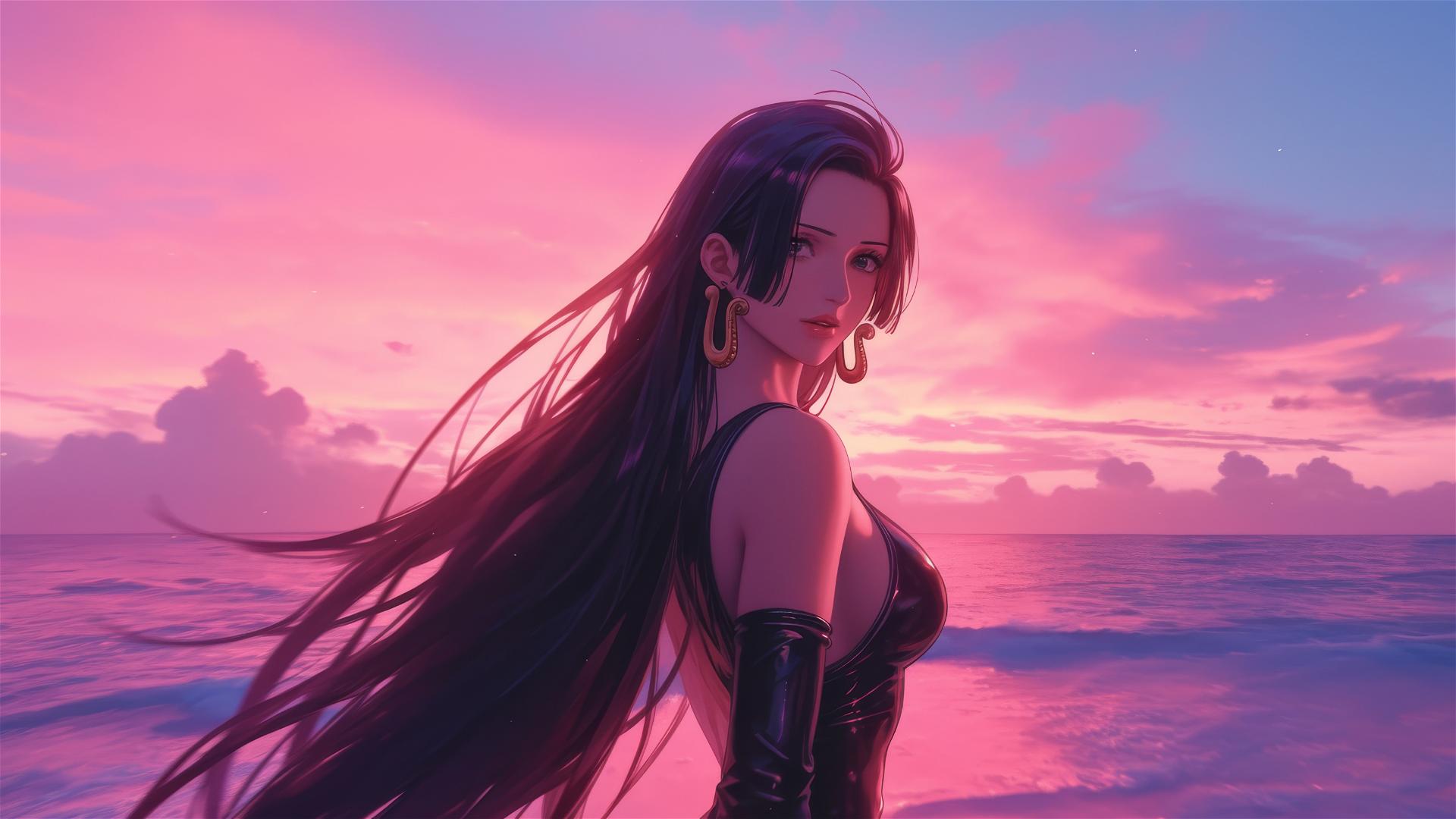 Boa Hancock from One Piece in leather outfit on sunset beach, anime style