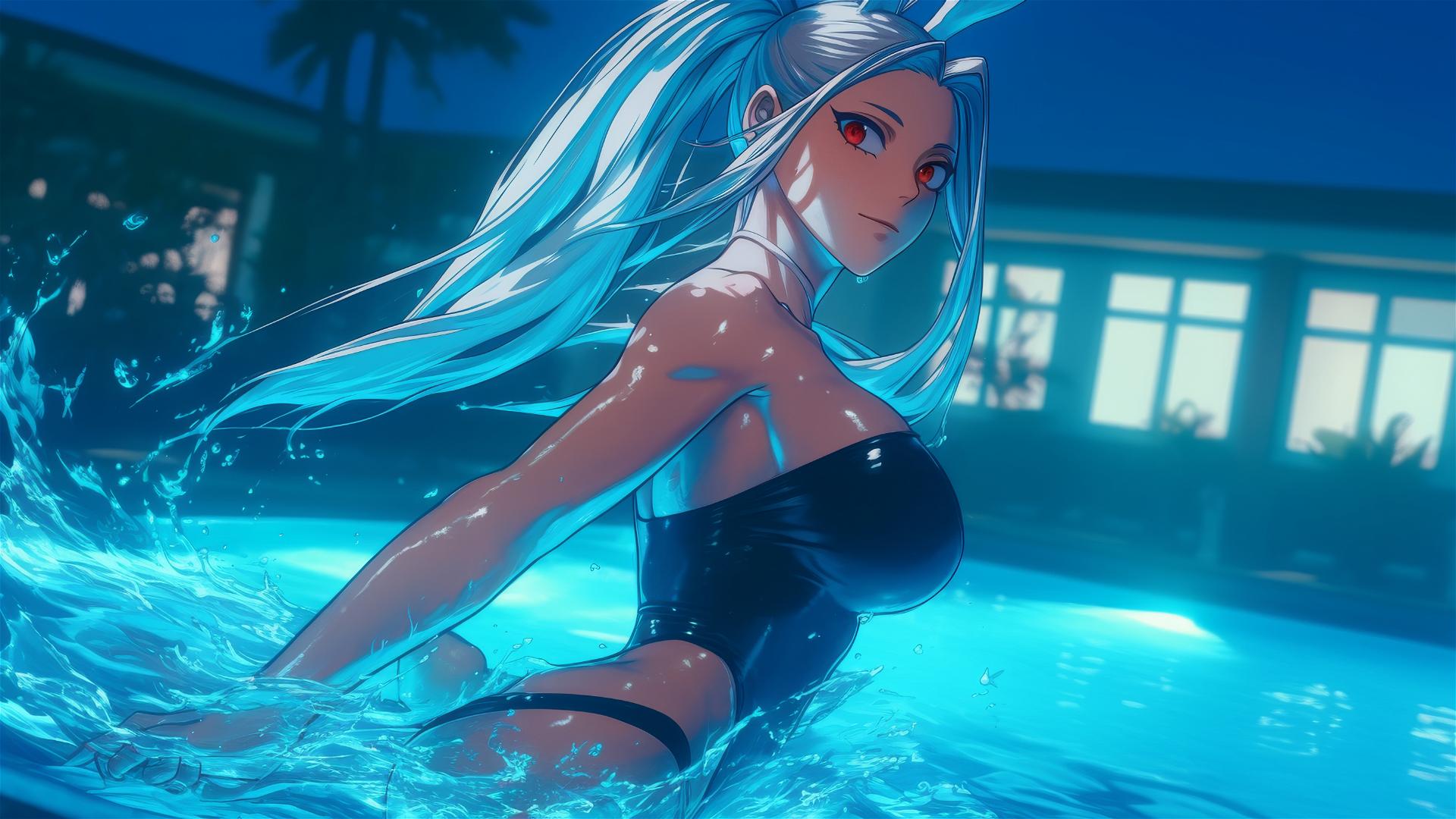Mirko from My Hero Academia, muscular and tan-skinned, jumps from a pool under moonlight