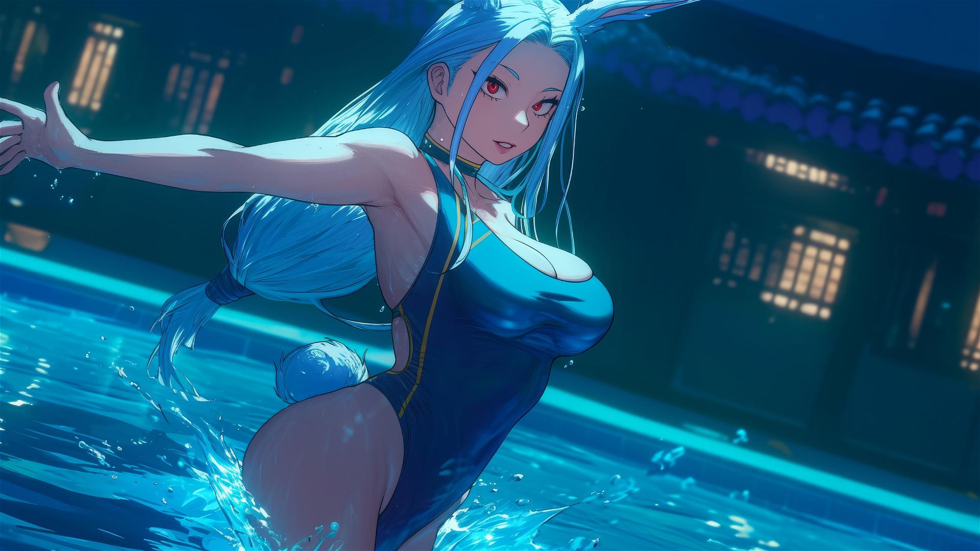 Mirko from My Hero Academia jumping out of a swimming pool, moonlight highlighting her muscular figure, with long white hair, red eyes, and rabbit features.
