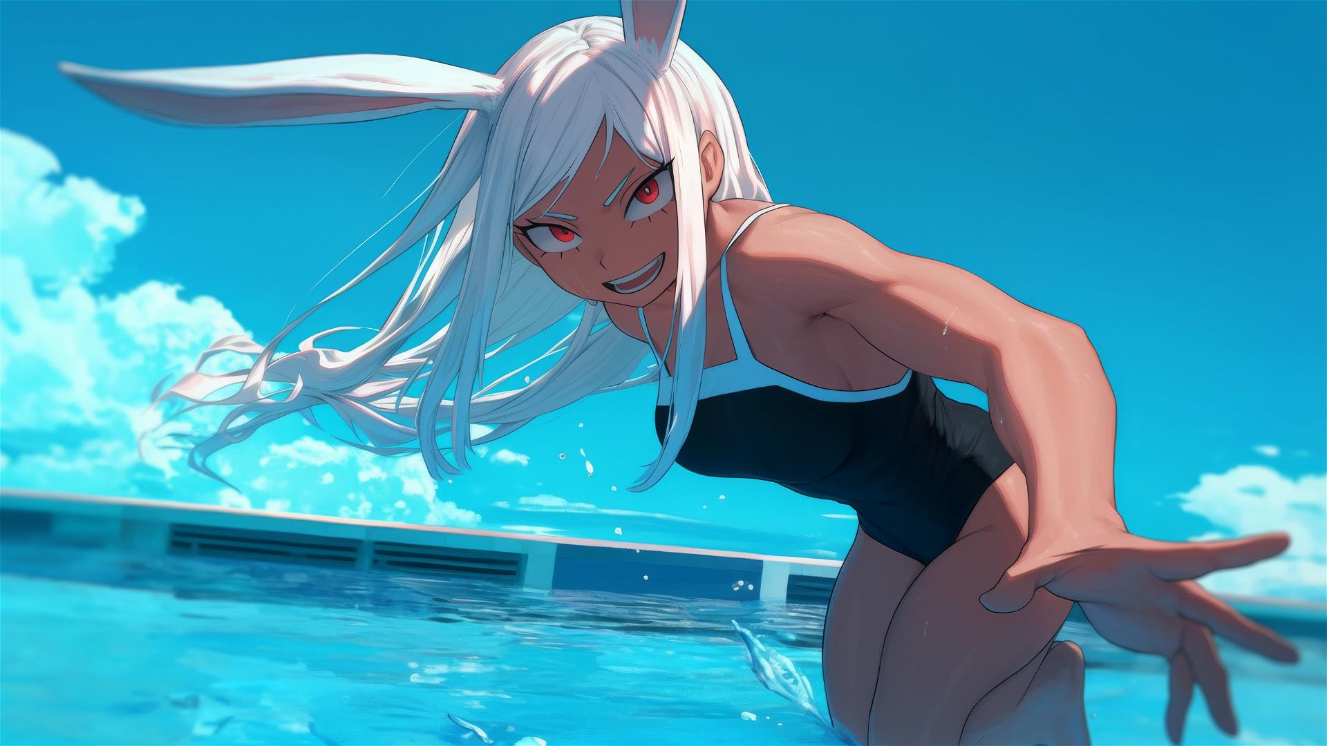 Mirko from My Hero Academia jumps out of a swimming pool under moonlight, highlighting her muscular figure, white hair, and rabbit ears.