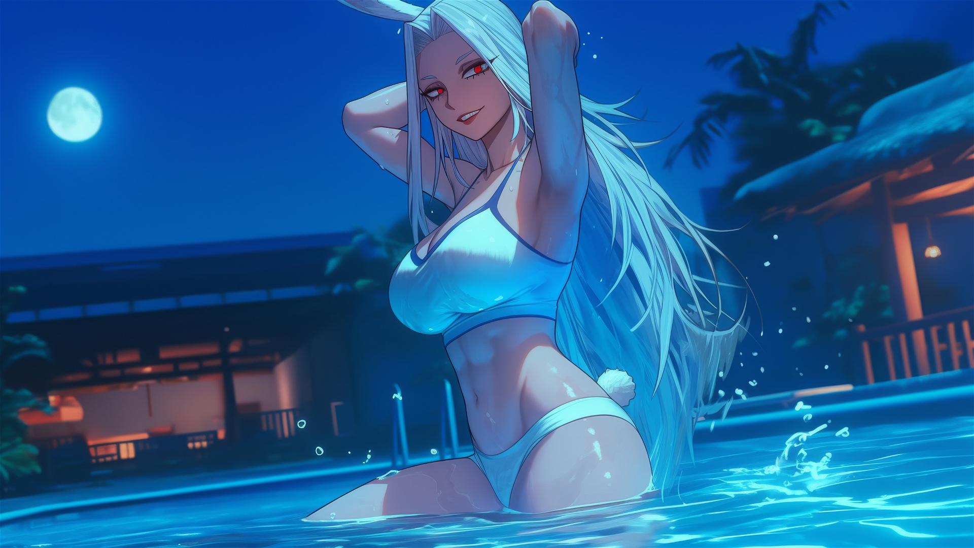 Mirko from My Hero Academia, leaps from pool under moonlight, resembling an albino rabbit.