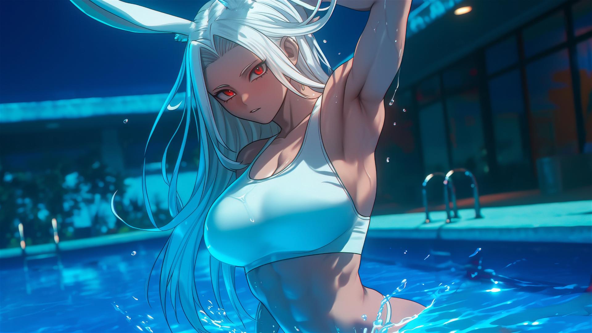 Mirko from My Hero Academia jumps out of a swimming pool under moonlight, showcasing her muscular figure with white hair and rabbit features.