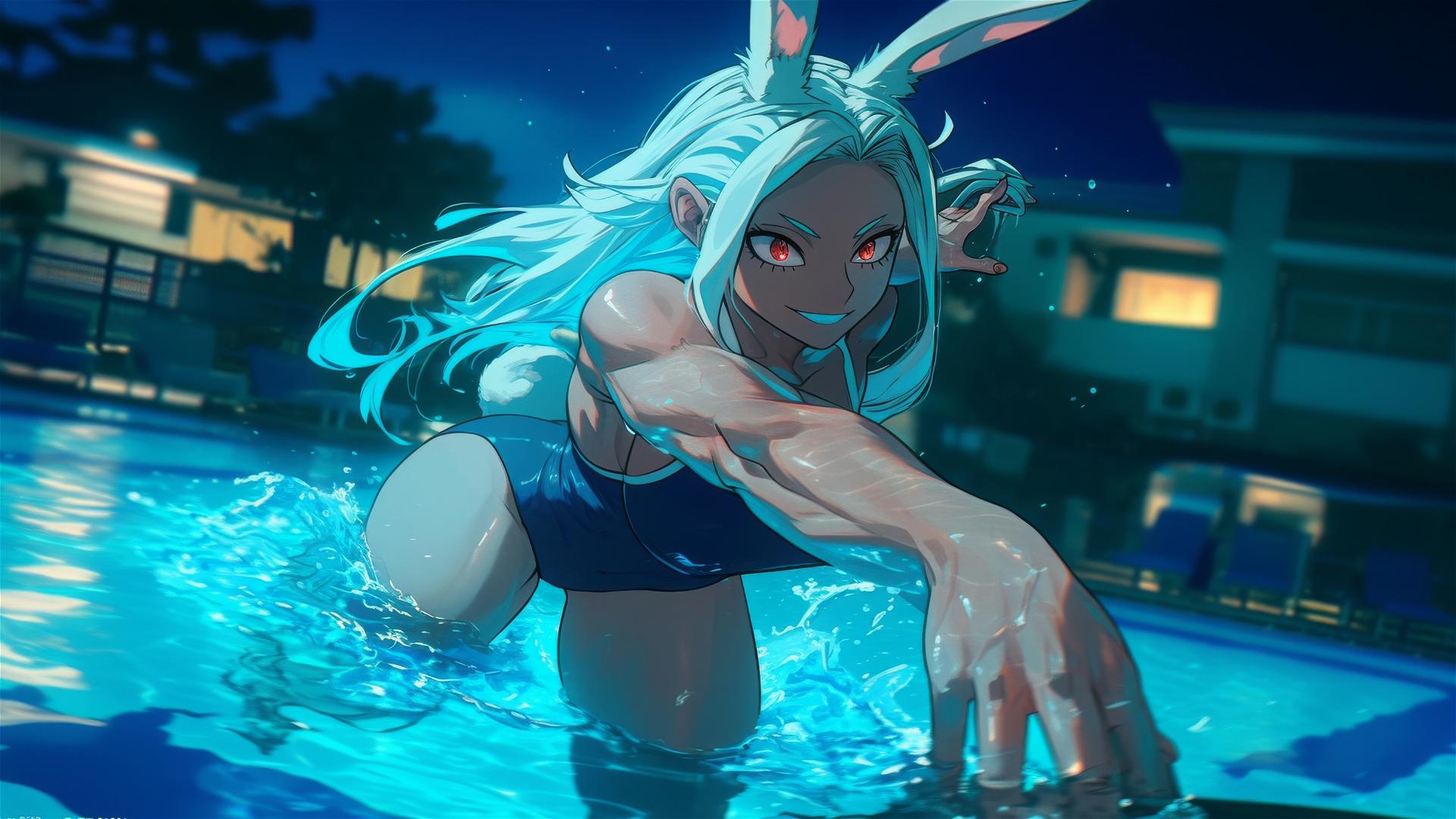 Mirko from My Hero Academia leaping from a pool, moonlight on her figure
