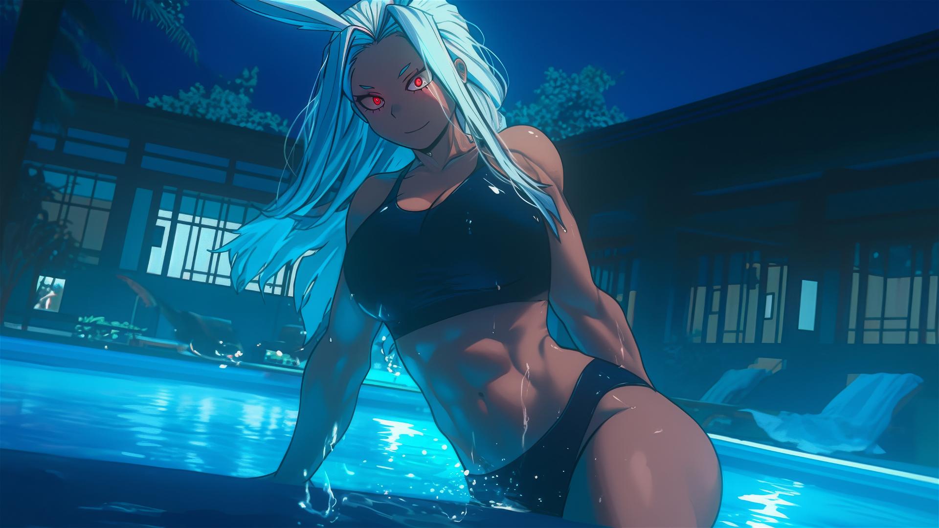 Mirko from My Hero Academia leaps from a pool under moonlight
