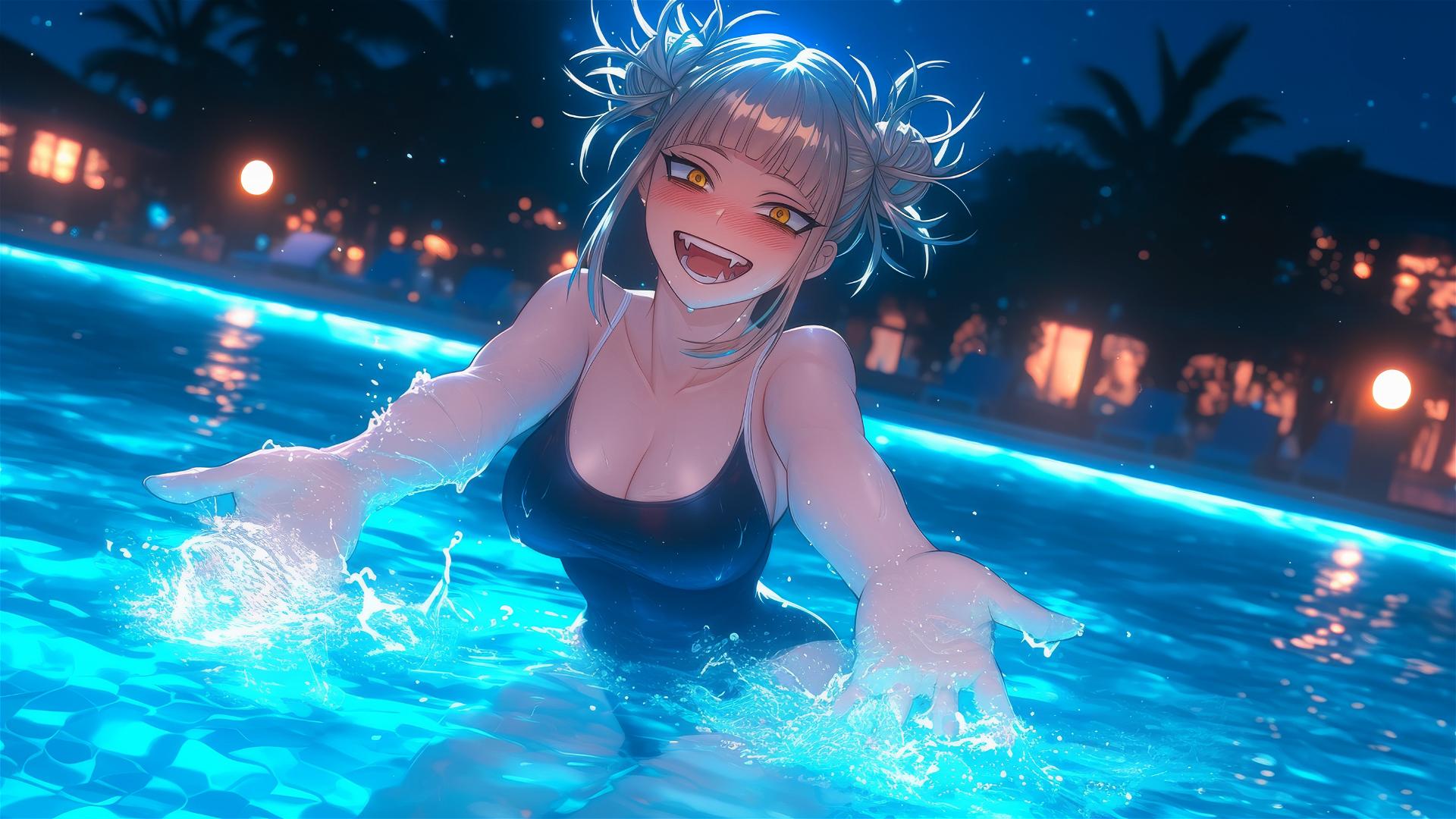Himiko Toga from My Hero Academia jumps out of a swimming pool under moonlight.