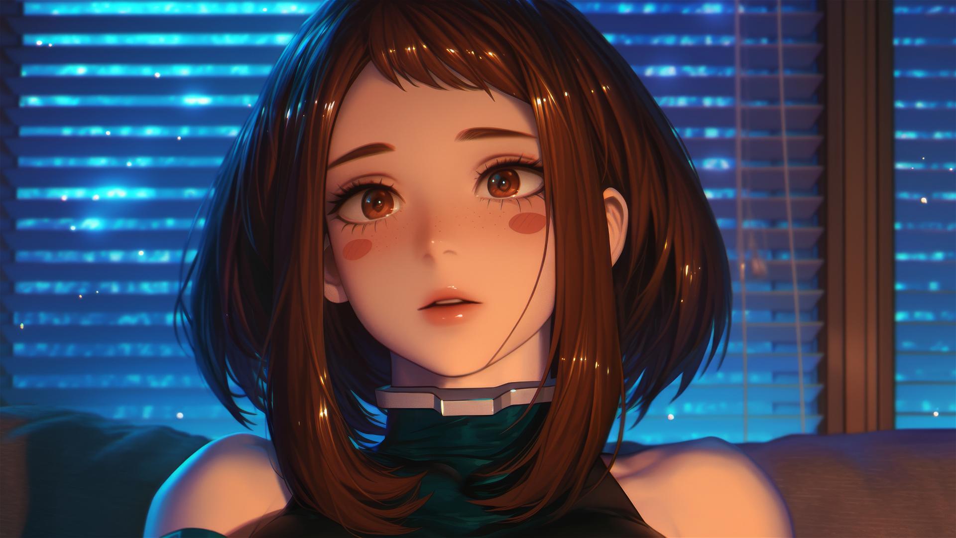 Ochaco Uraraka from My Hero Academia at apartment, sunrise glow, auburn hair
