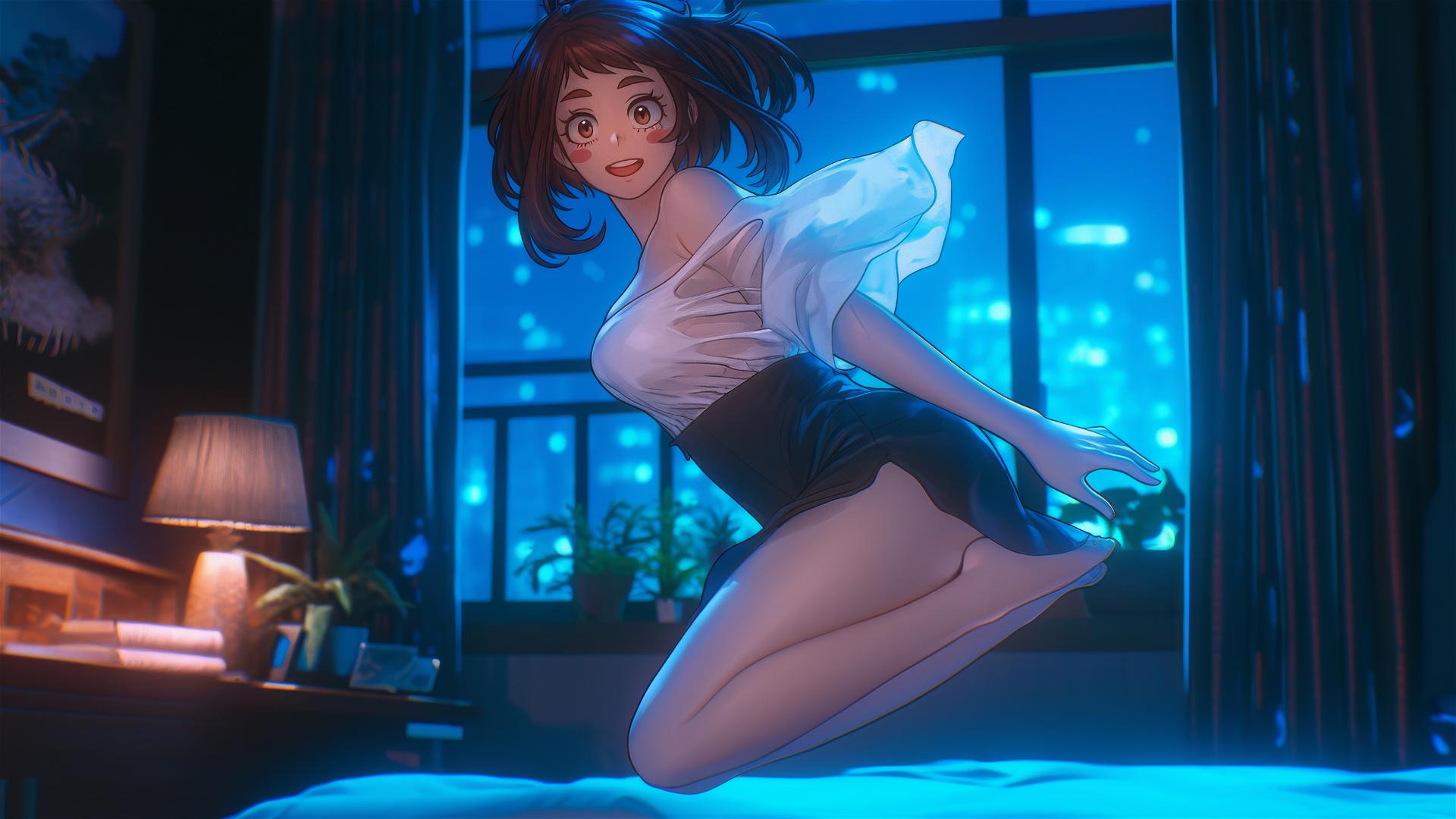 Ochaco Uraraka jumping from a tub, warm glow on her auburn hair and eyes