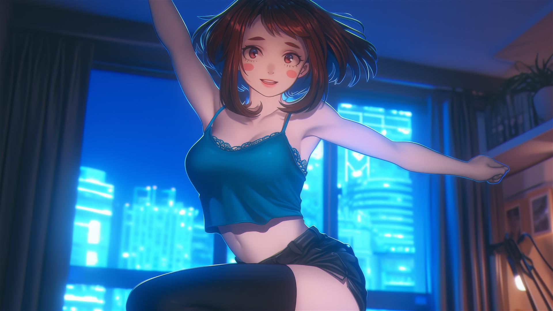 Ochaco Uraraka from My Hero Academia jumping out of a tub in a warm glow