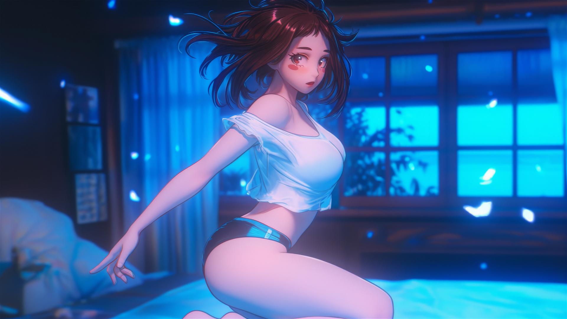 Ochaco Uraraka leaping from a tub, auburn hair, warm glow