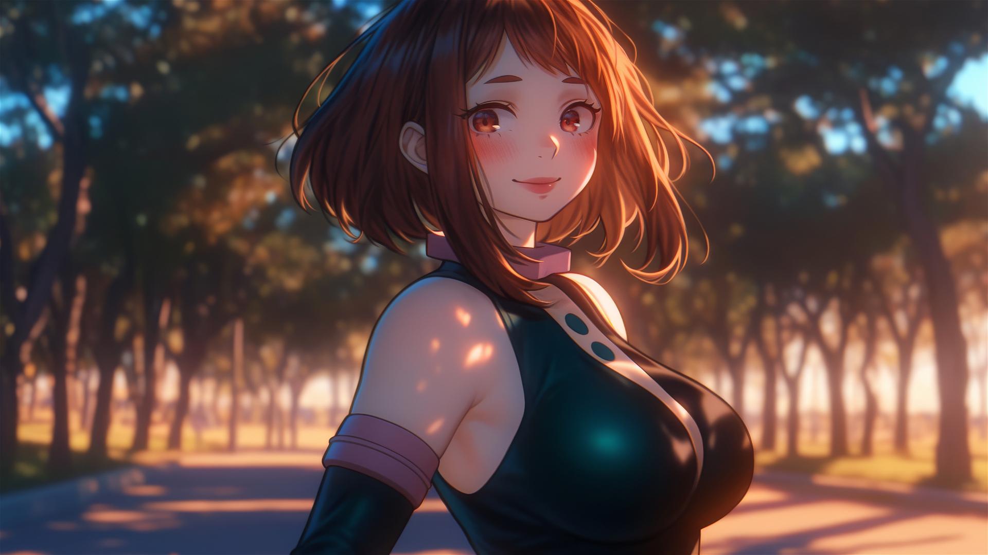 Ochaco Uraraka running in a modern park at sunrise with auburn hair and eyes, pink blush, bobbed hair