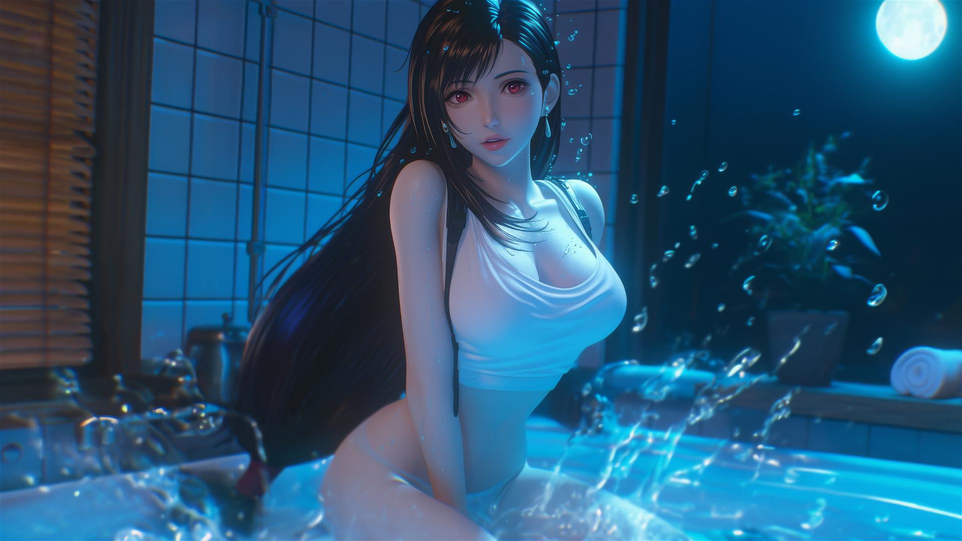 Tifa Lockhart jumping out of a tub, illuminated by moonlight.