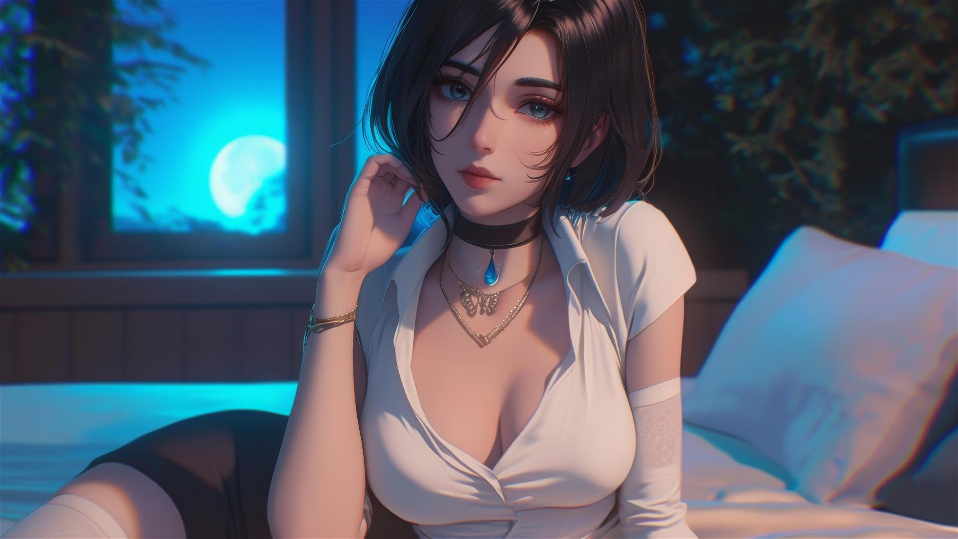 Mikasa Ackerman resting in a modern hotel room with moonlight glow